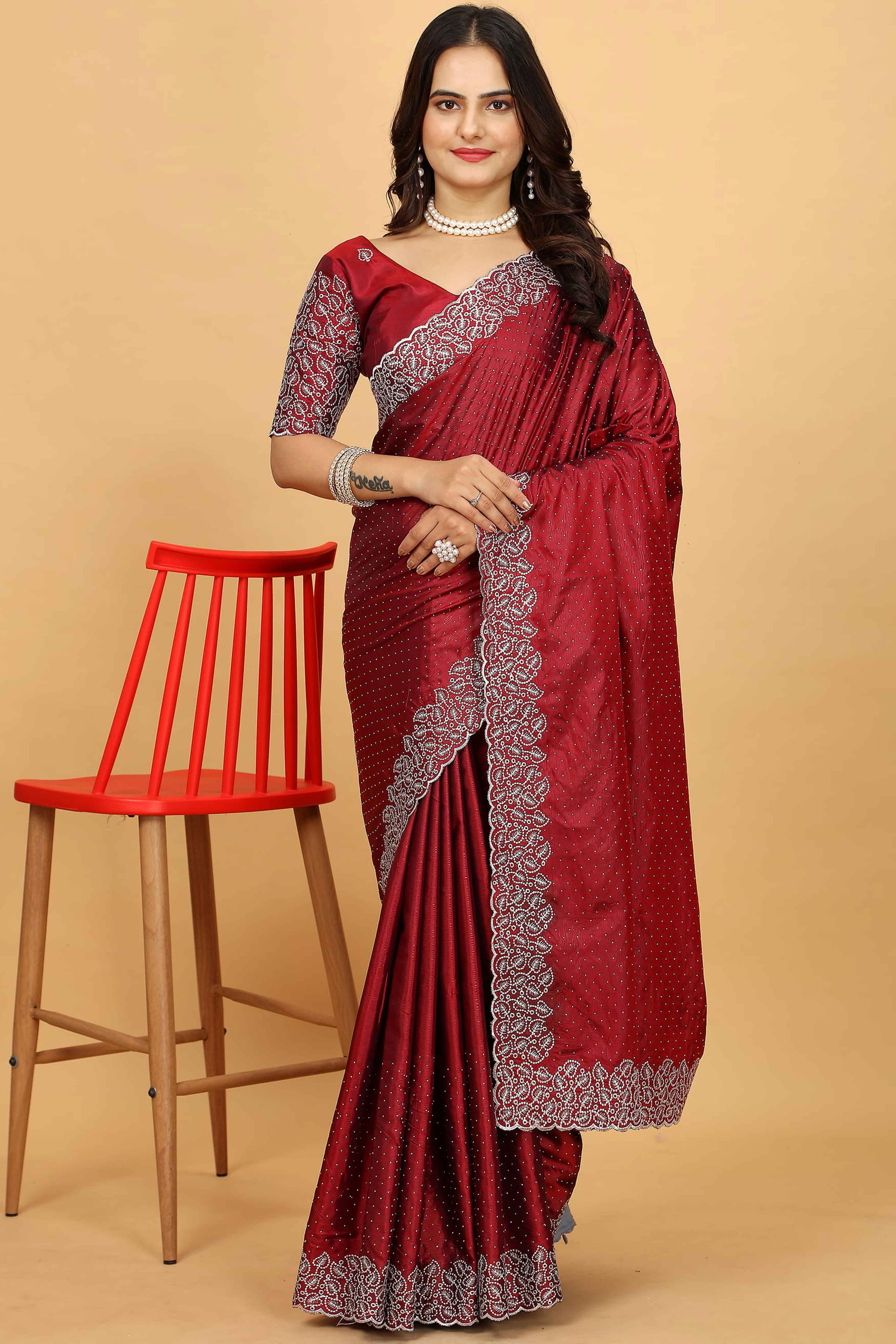 Maroon Swarovski Work Paper Silk Saree With Embroidery Zari Border