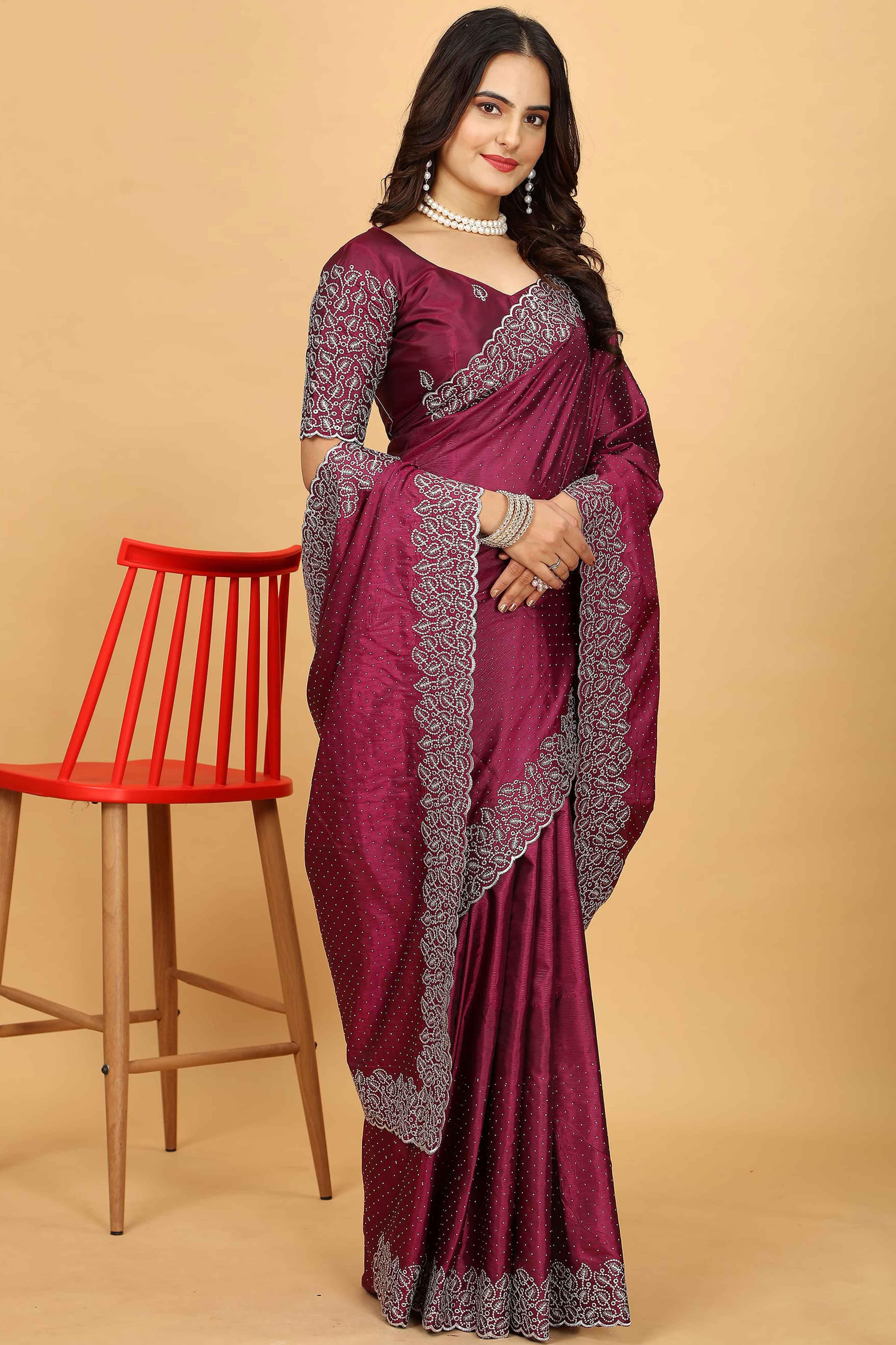 Purple Swarovski Work Paper Silk Saree With Embroidery Zari Border