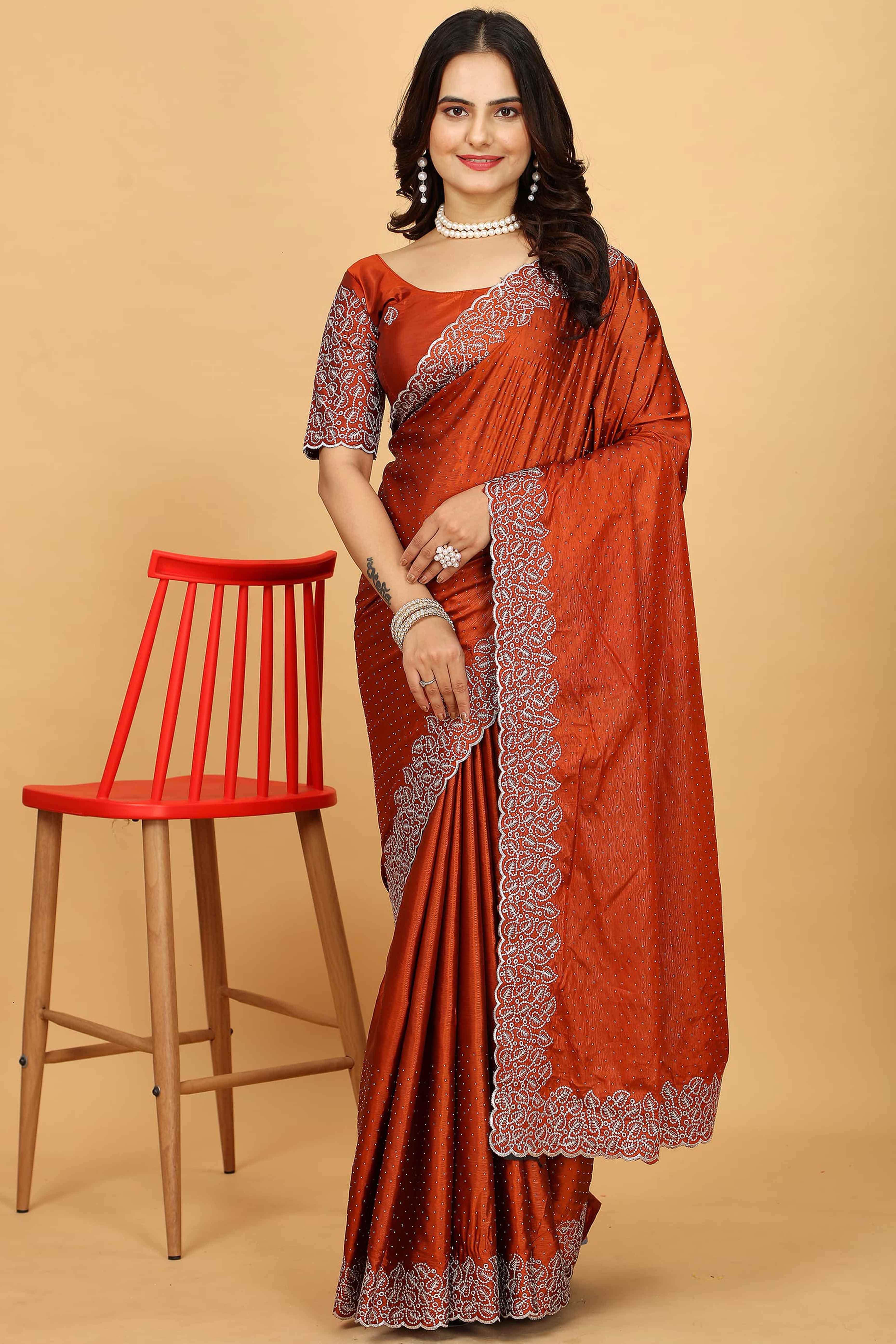 Rust Swarovski Work Paper Silk Saree With Embroidery Zari Border