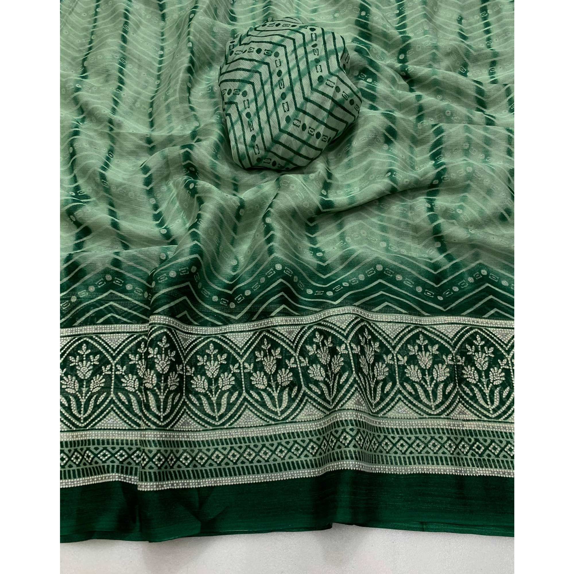 Green Shibori Foil Printed Chiffon Saree