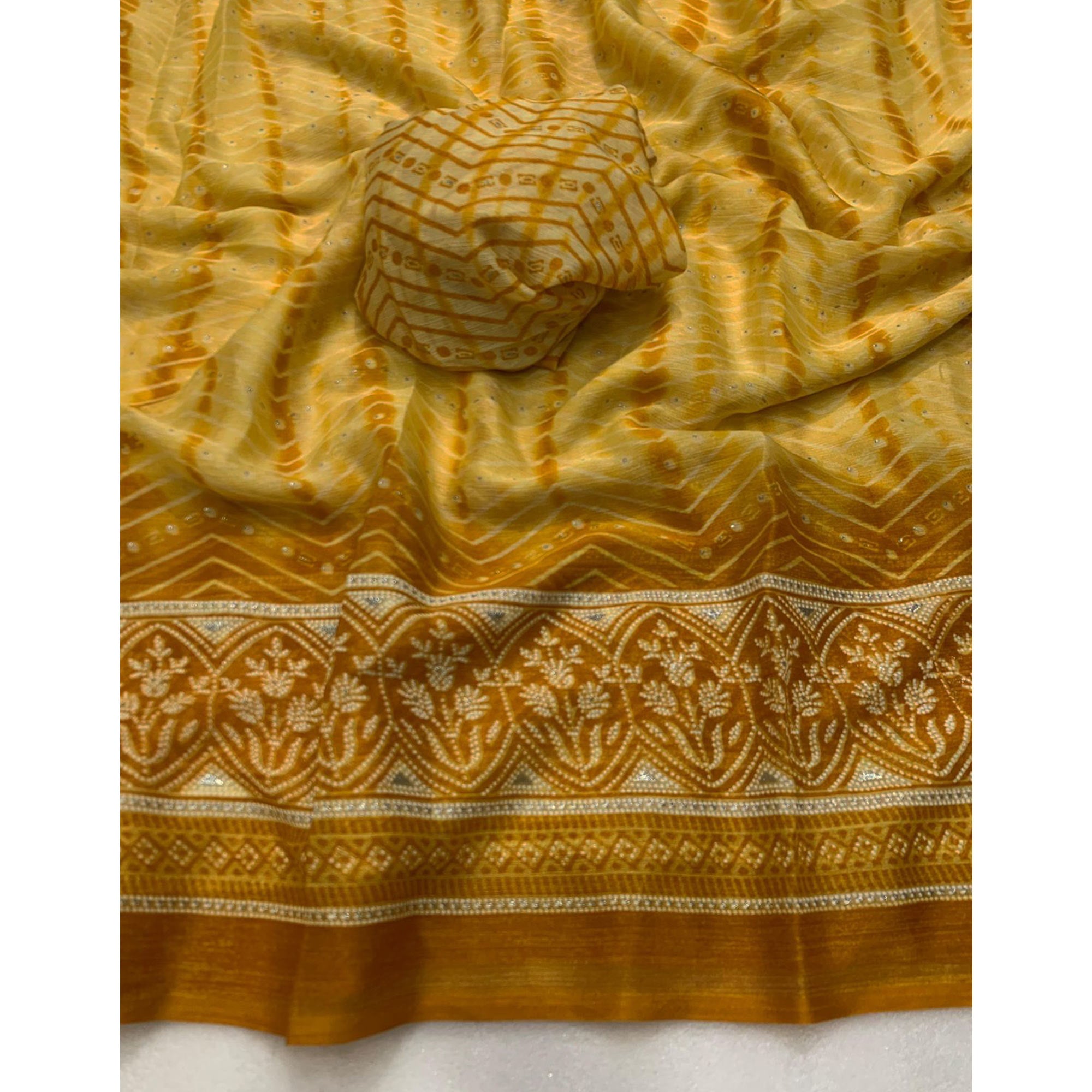 Yellow Shibori Foil Printed Chiffon Saree