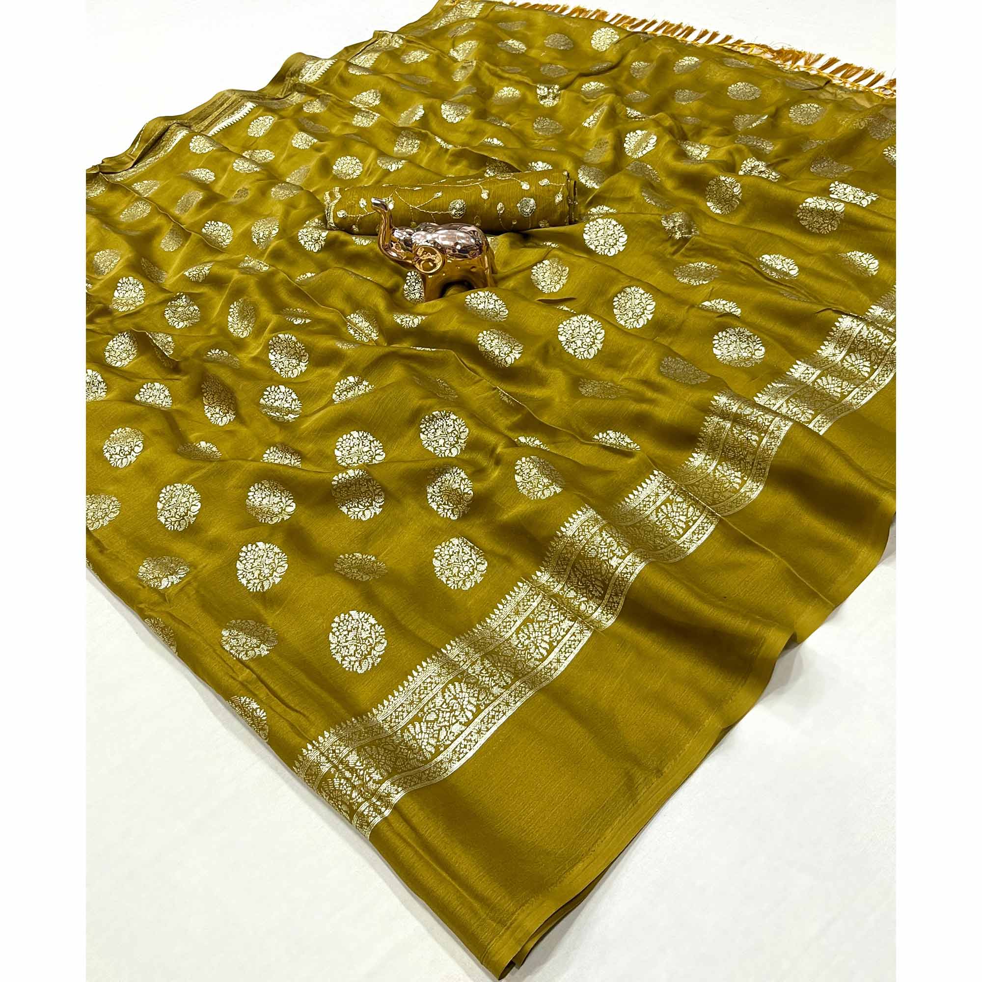 Elegant Mustard Foil Floral Printed Georgette Saree With Tassel Detailing Pallu