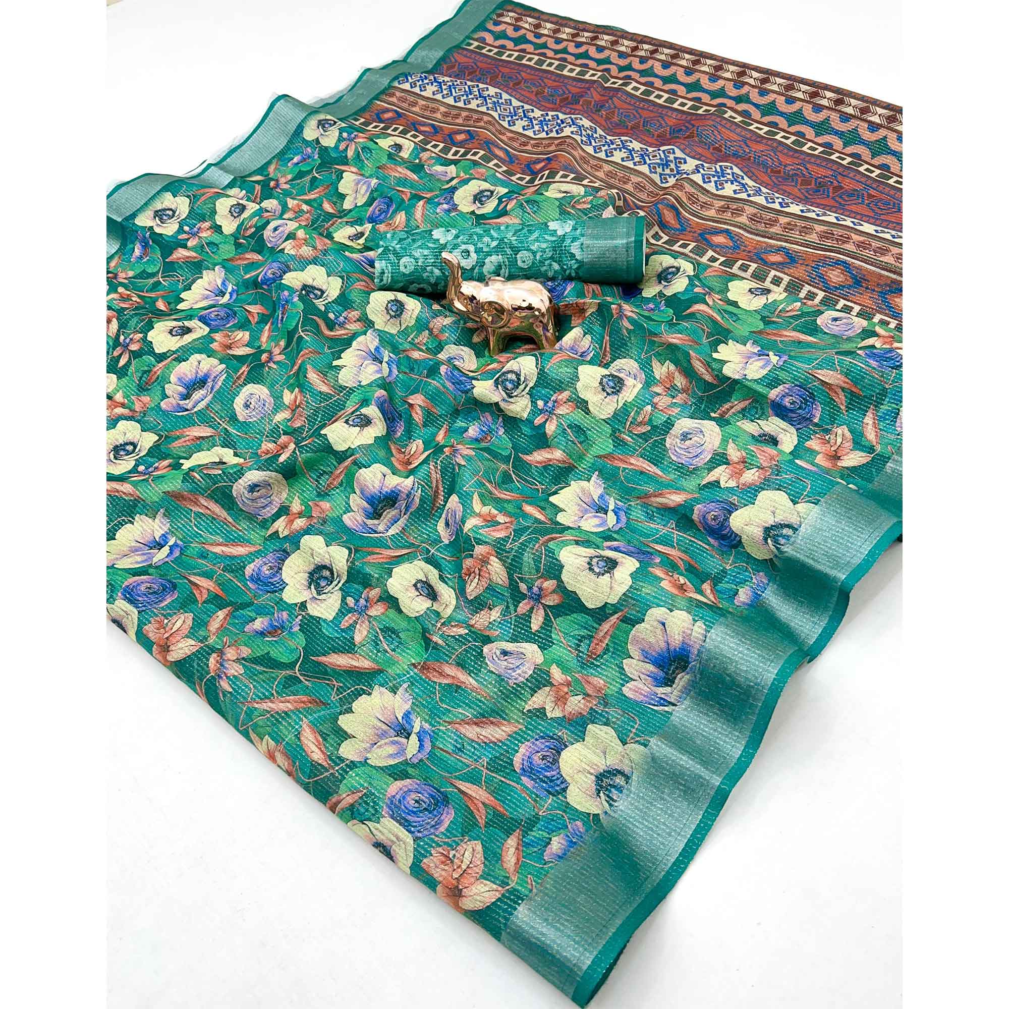 Pretty Green Shimmer Cotton Saree With Floral Digital Print & Designer Zari Border