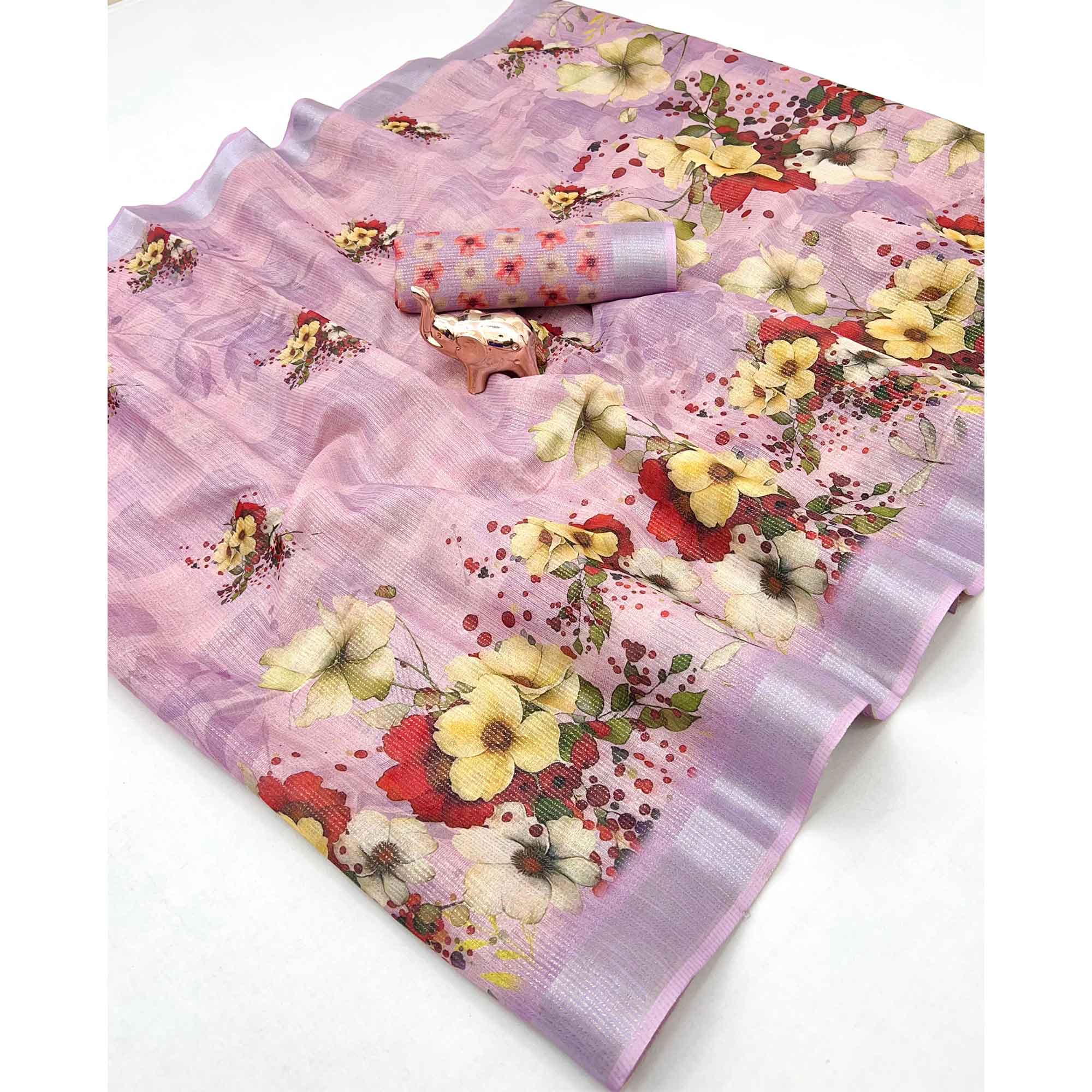 Pretty Lavender Lilac Shimmer Cotton Saree With Floral Digital Print & Designer Zari Border