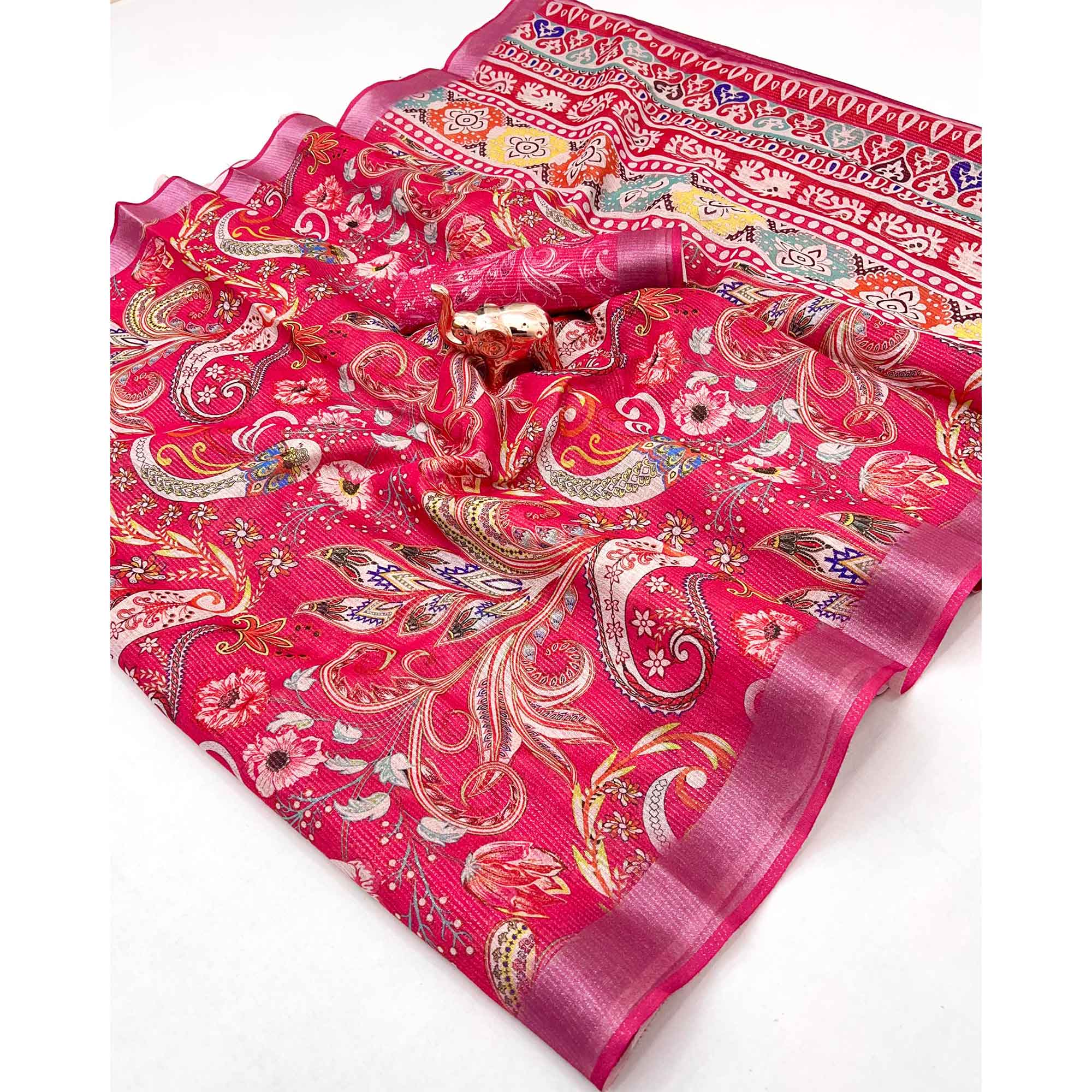 Pretty Rani Pink Shimmer Cotton Saree With Floral Digital Print & Designer Zari Border