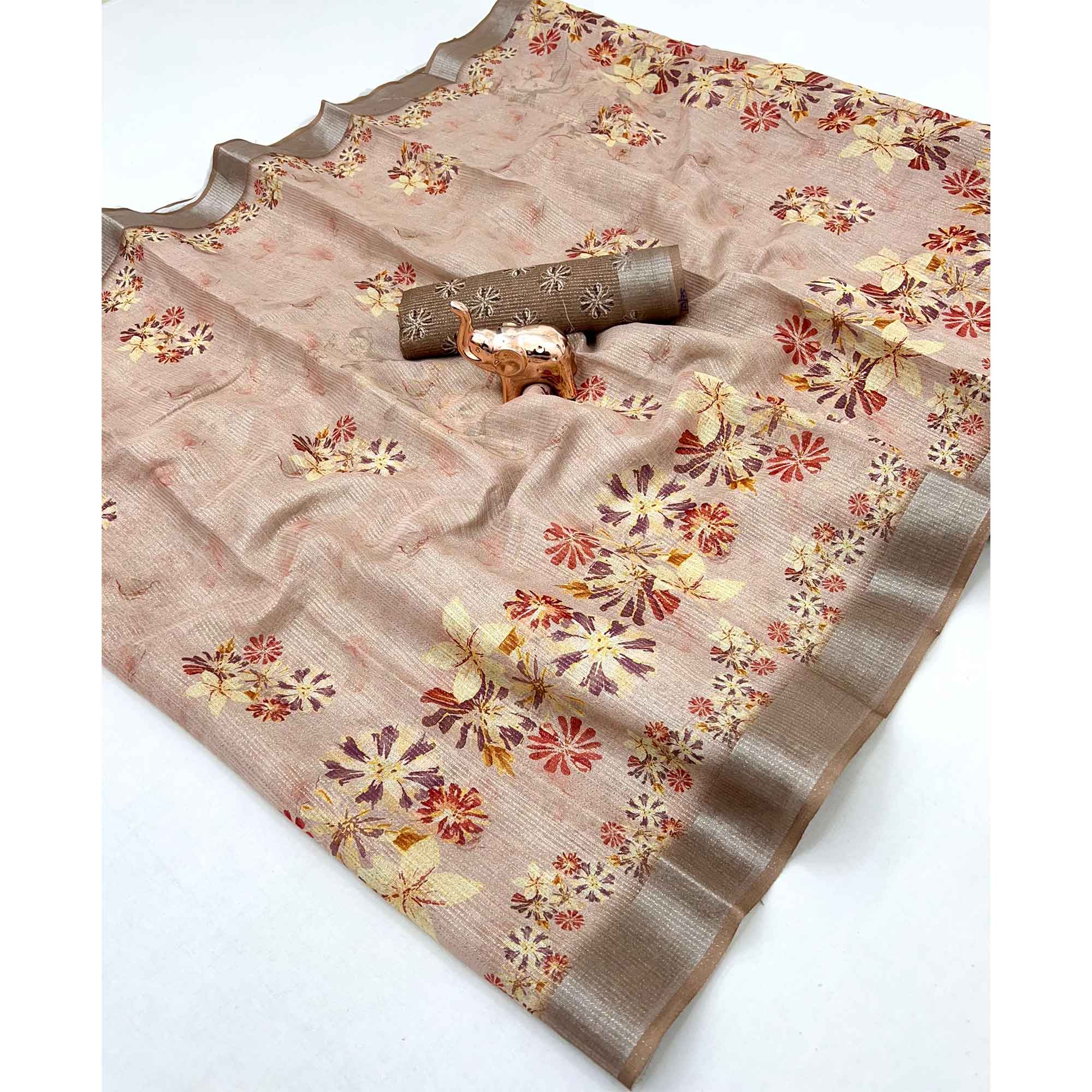 Pretty Sandy Beige Shimmer Cotton Saree With Floral Digital Print & Designer Zari Border
