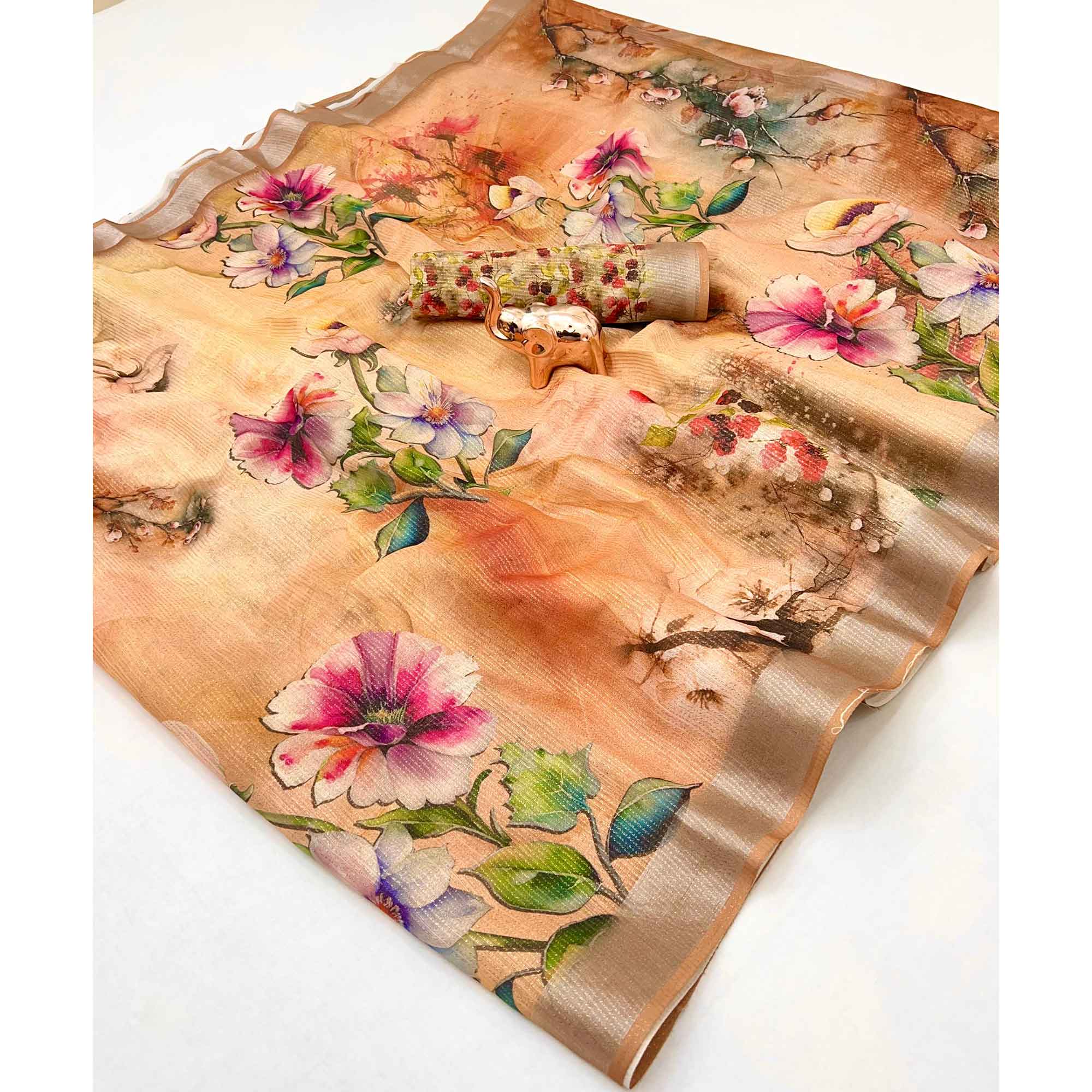 Pretty Warm Peach Shimmer Cotton Saree With Floral Digital Print & Designer Zari Border