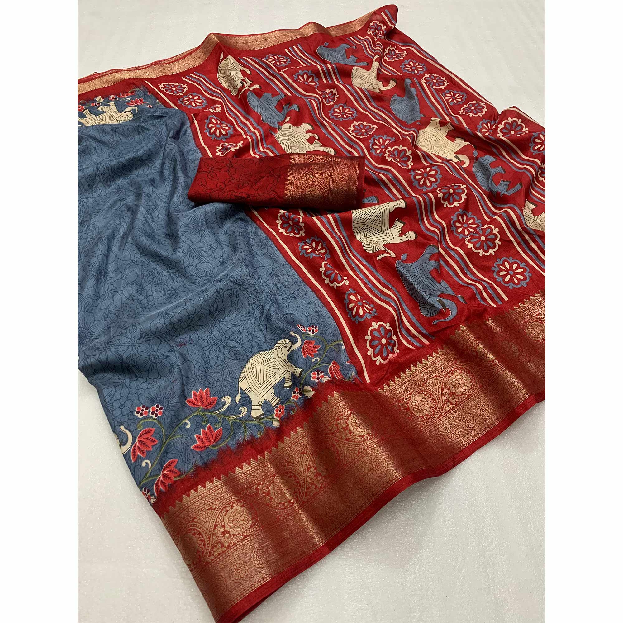 Grey Printed Dola Silk Saree