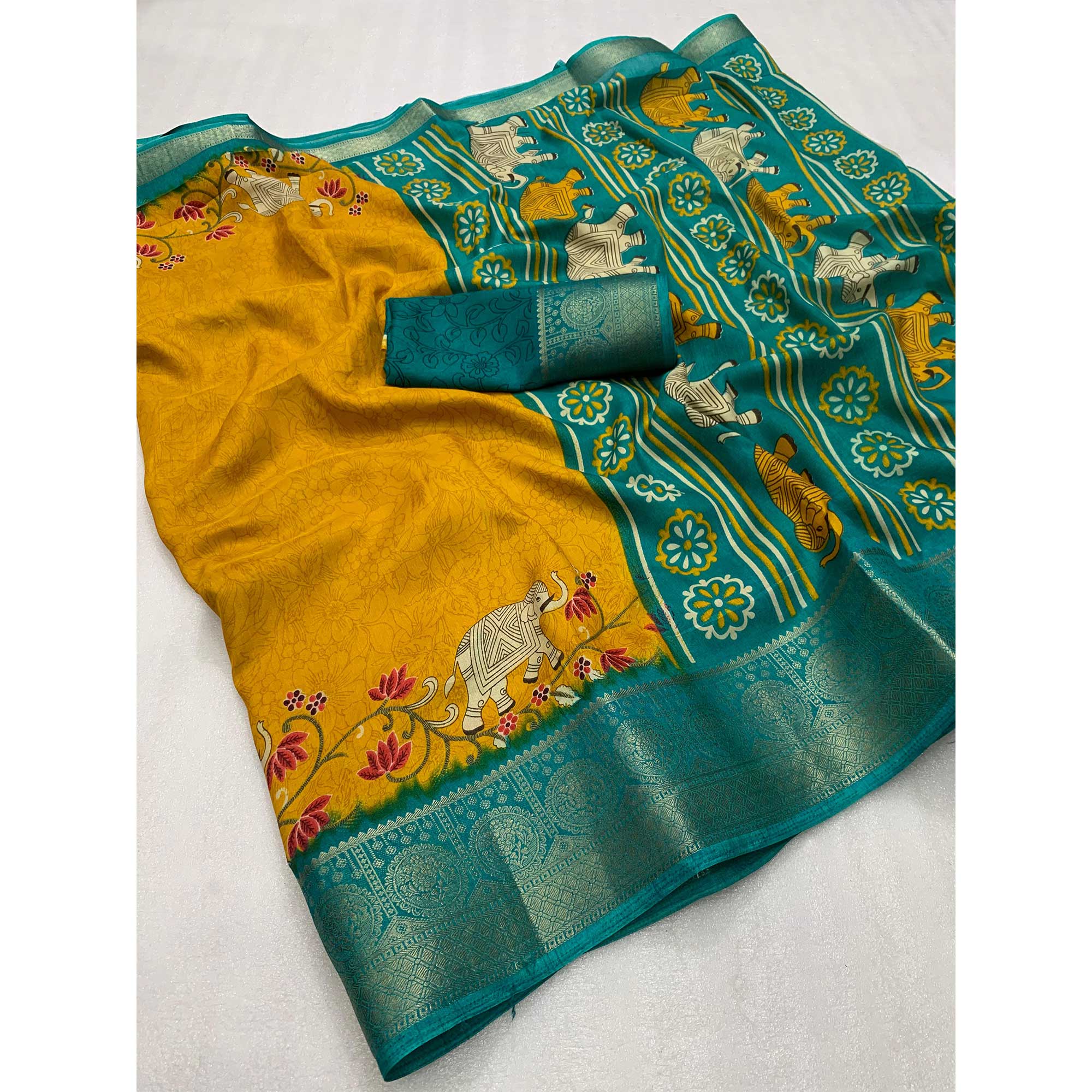 Mustard Printed Dola Silk Saree