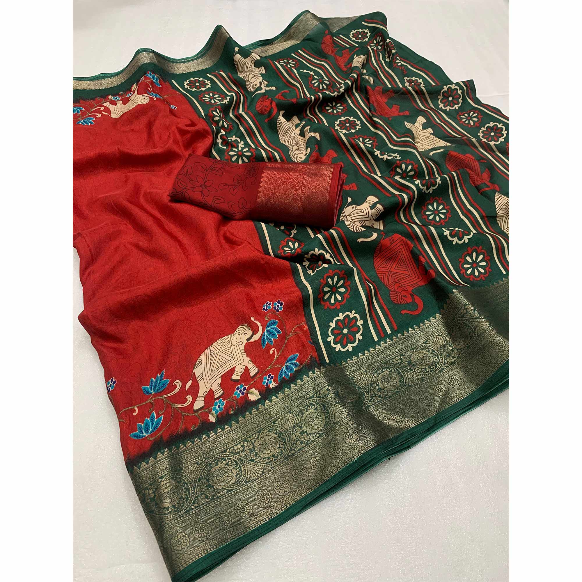 Red Printed Dola Silk Saree