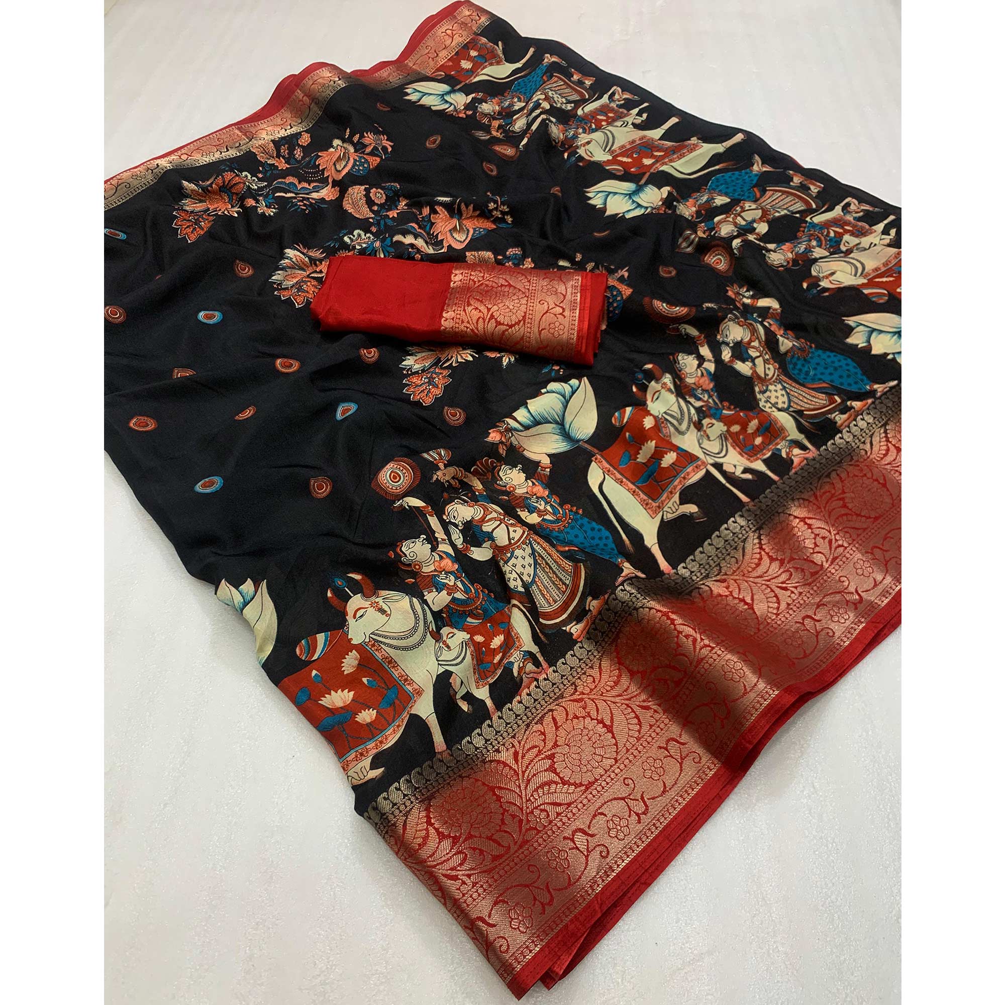 Black Digital Printed Dola Silk Saree With Woven Jacquard Border
