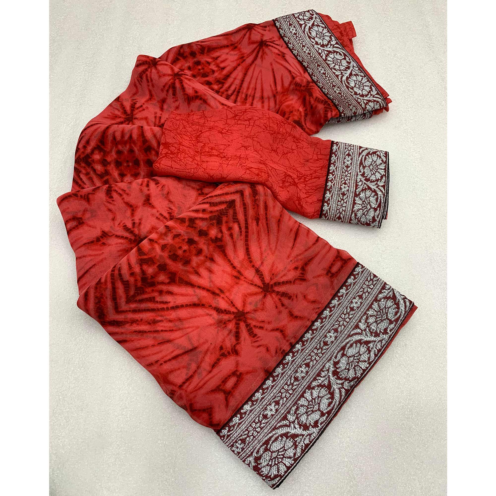 Dusty Red Shibori Printed Georgette Saree With Woven Border