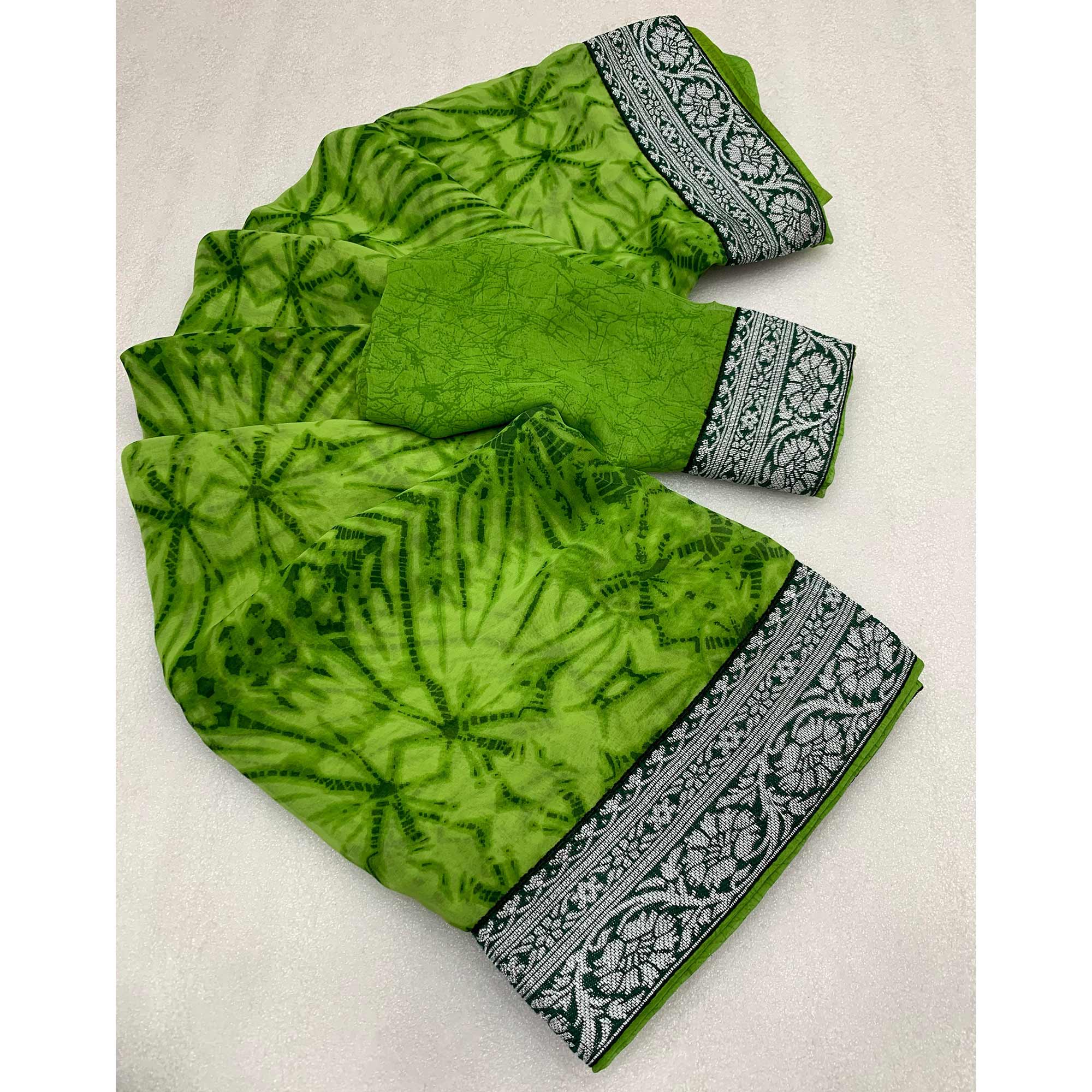 Green Shibori Printed Georgette Saree With Woven Border