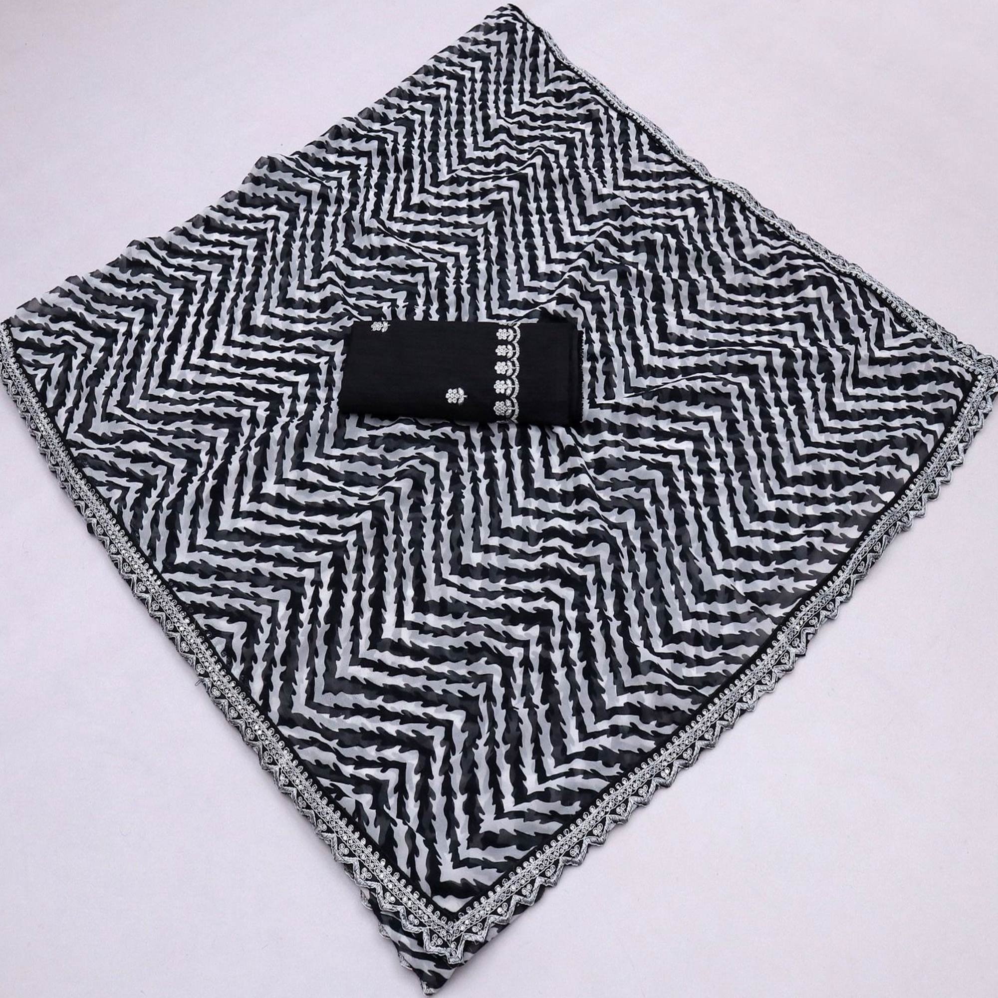 Black Zig Zag Printed Georgette Saree With Sequins Embroidered Border