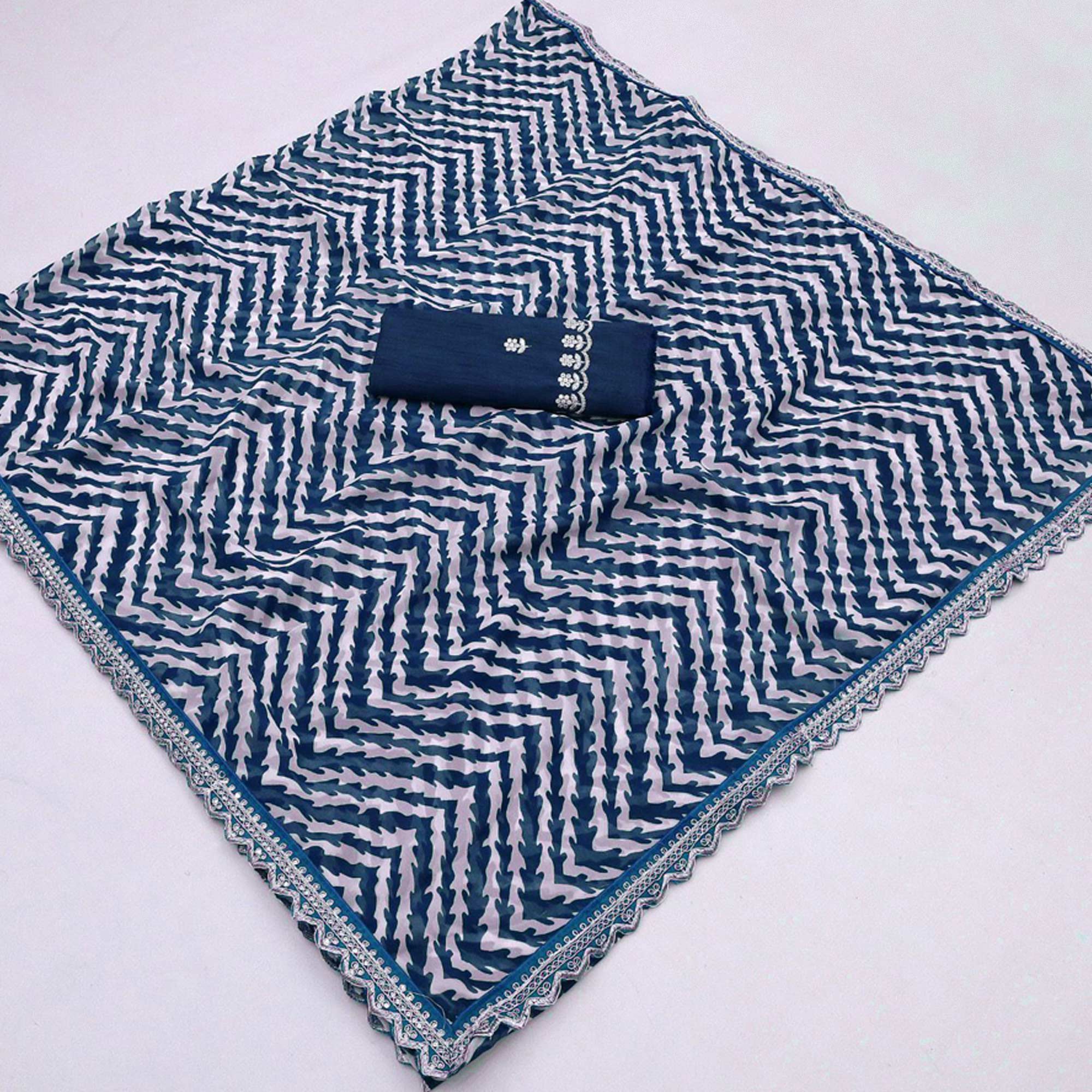 Blue Zig Zag Printed Georgette Saree With Sequins Embroidered Border