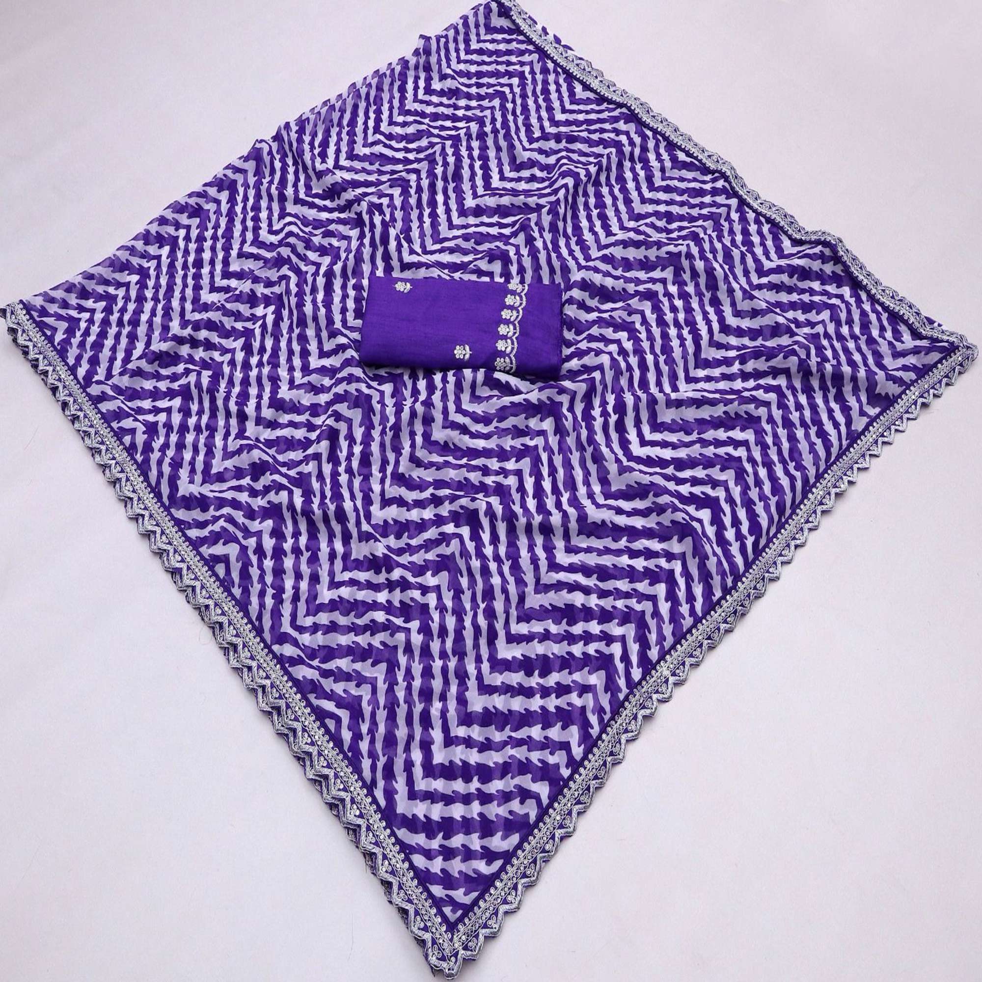 Violet Zig Zag Printed Georgette Saree With Sequins Embroidered Border