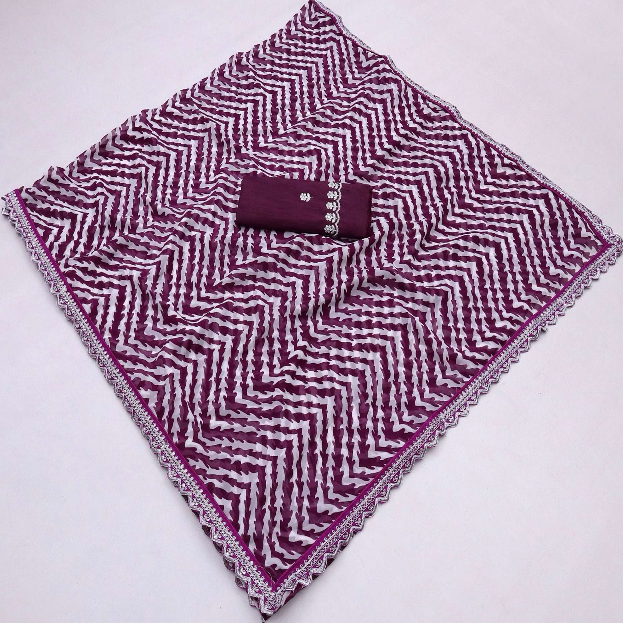 Wine Zig Zag Printed Georgette Saree With Sequins Embroidered Border