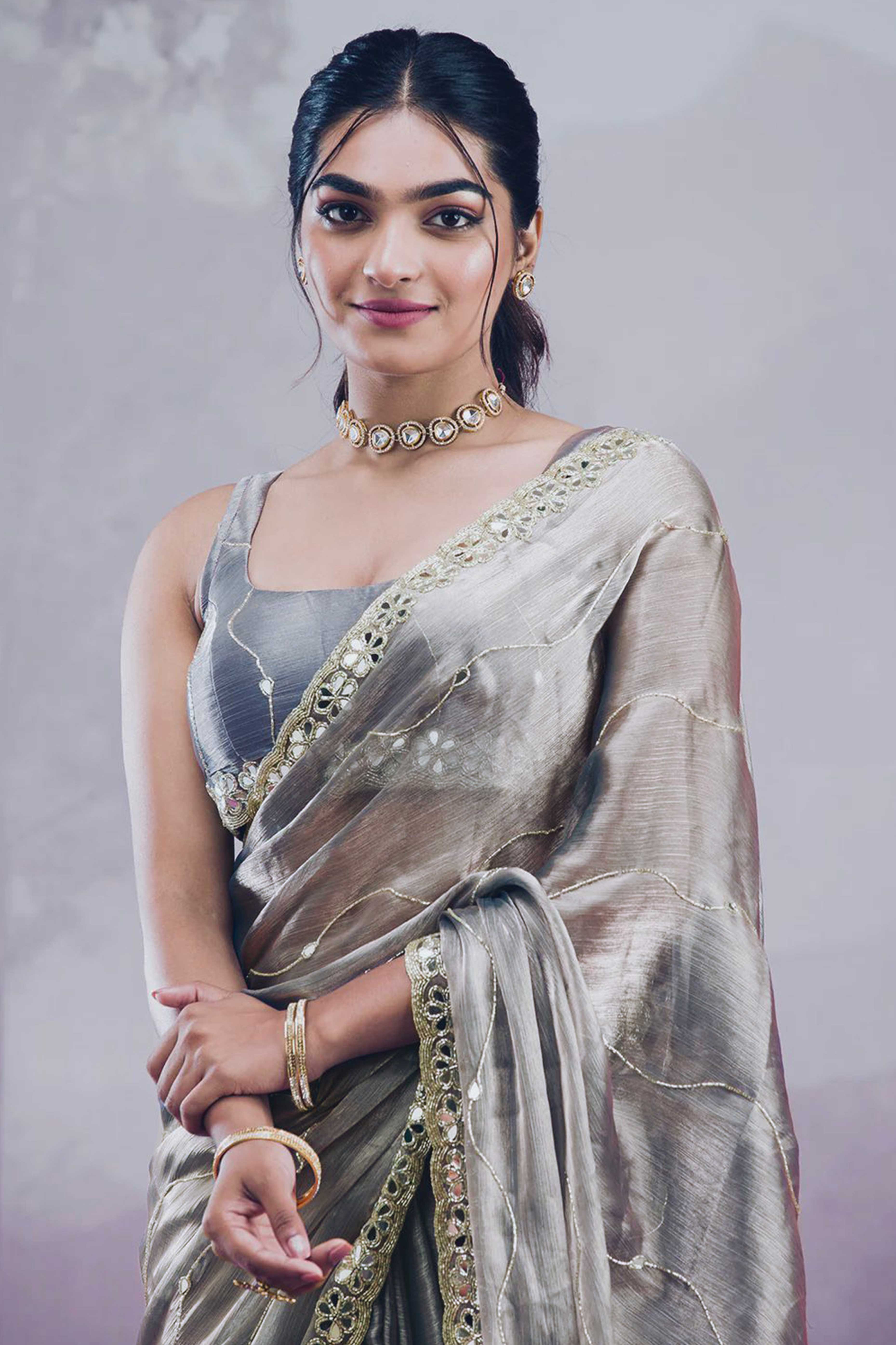 Grey Art Silk Saree Highlighted with Embroidery & Mirror Detailing