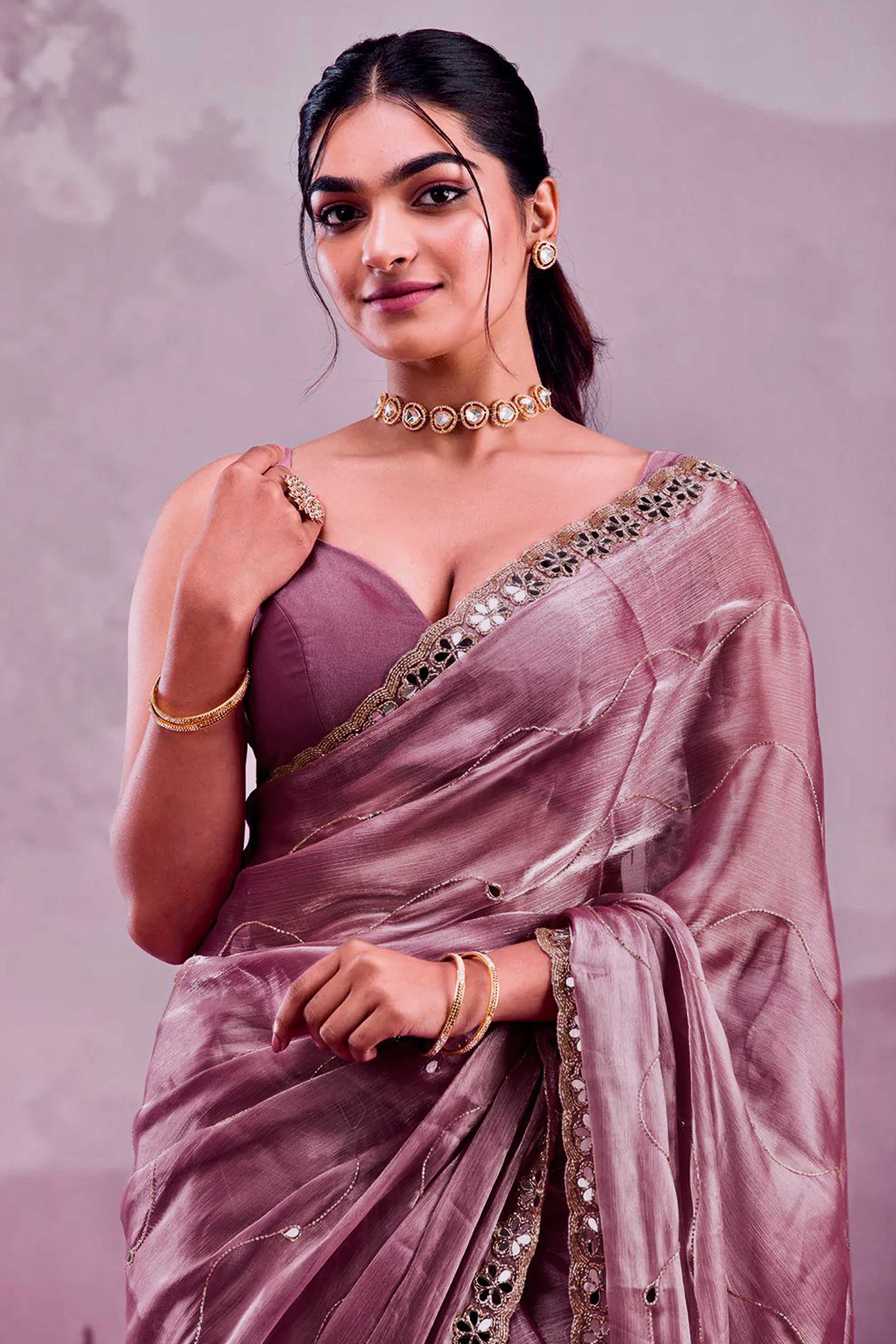 Mauve Art Silk Saree Highlighted with Embroidery & Mirror Detailing