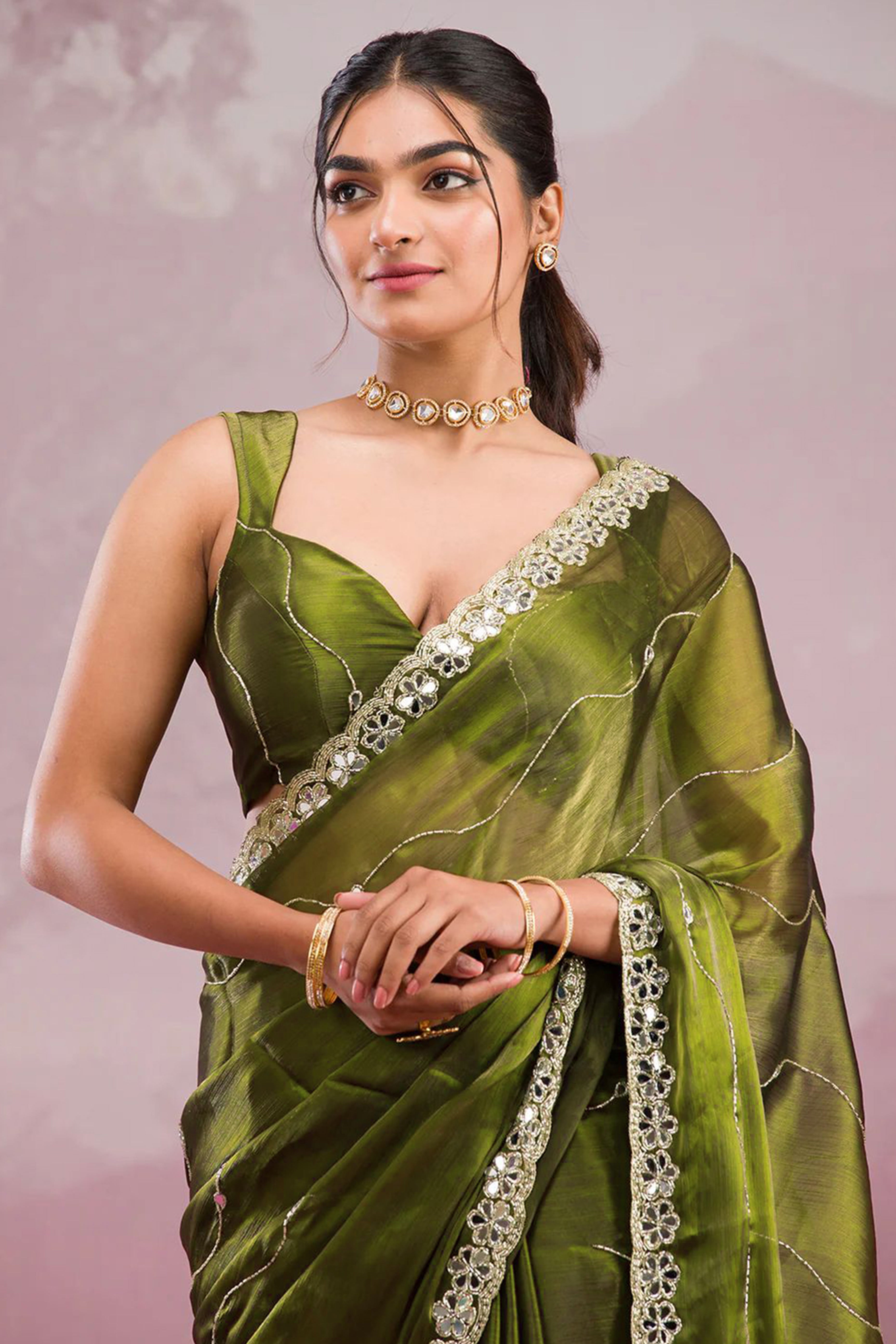 Olive Art Silk Saree Highlighted with Embroidery & Mirror Detailing