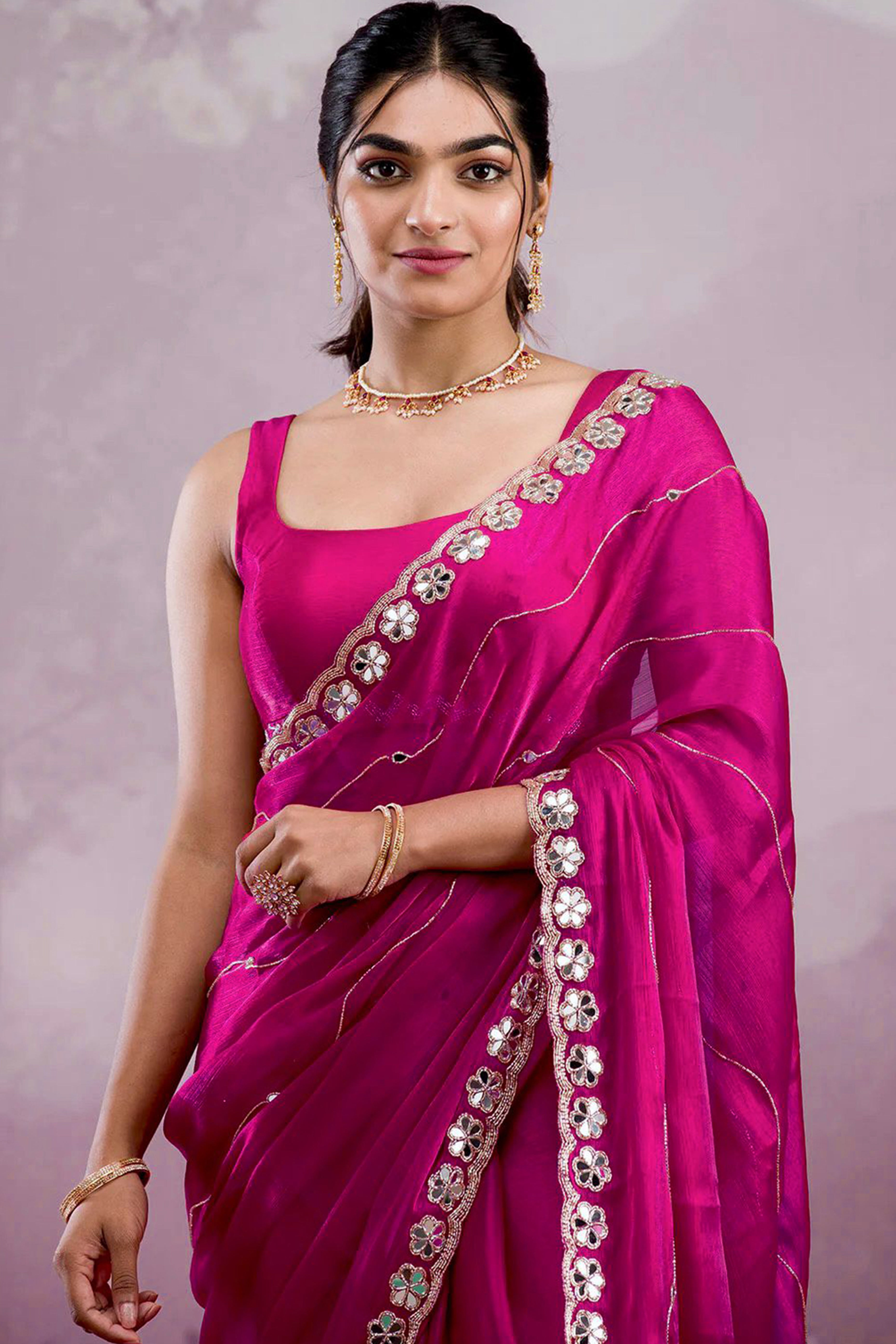 Pink Art Silk Saree Highlighted with Embroidery & Mirror Detailing