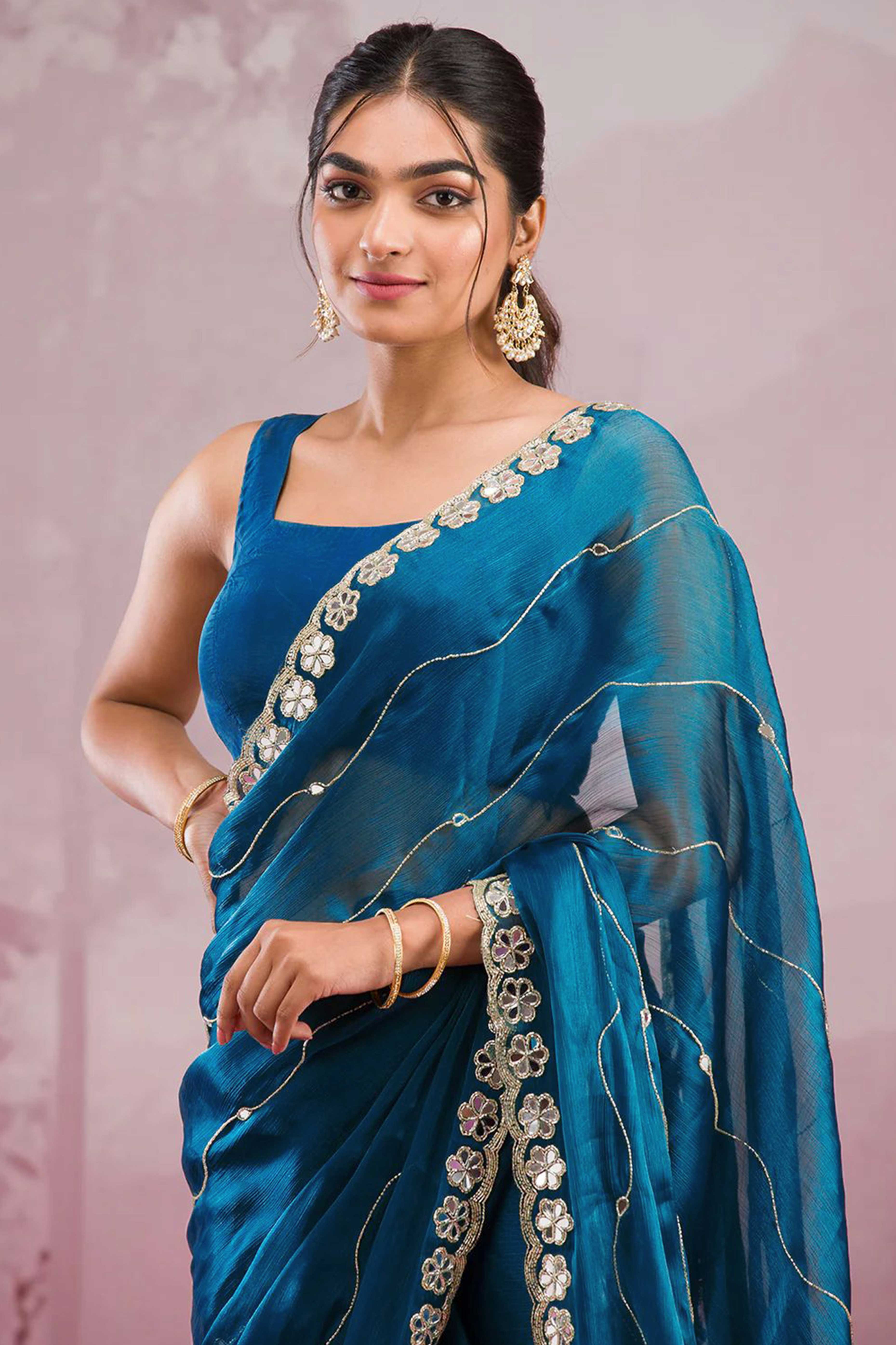 Teal Art Silk Saree Highlighted with Embroidery & Mirror Detailing