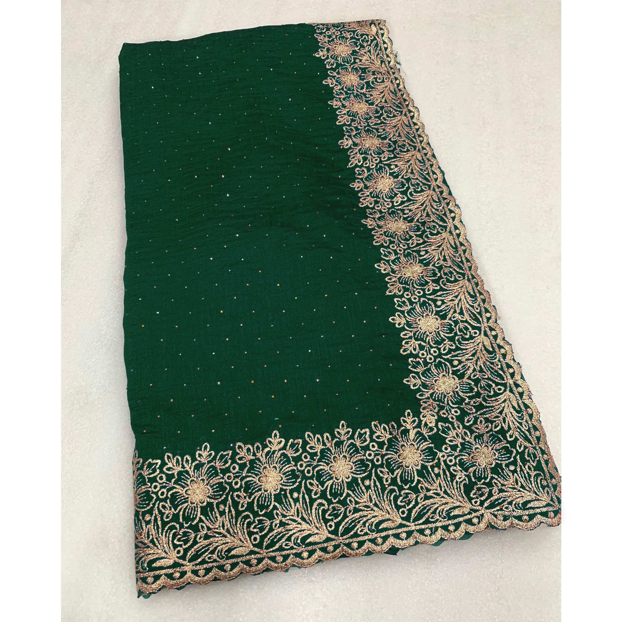 Green Embroidered With Swarovski Work Vichitra Silk Saree