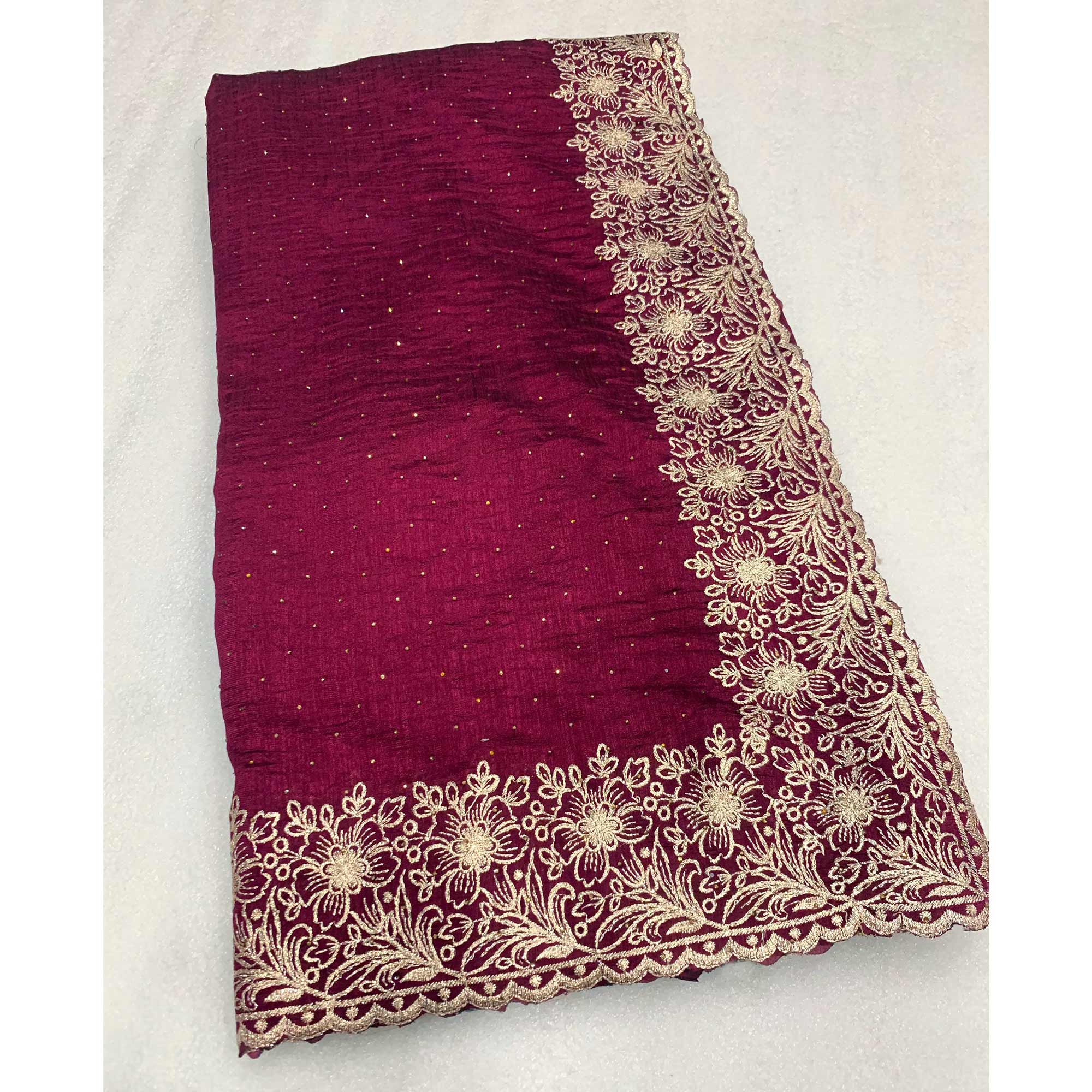 Maroon Embroidered With Swarovski Work Vichitra Silk Saree