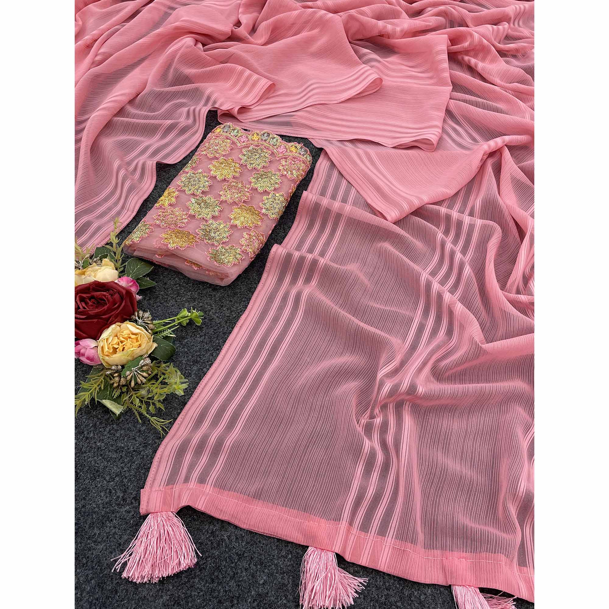 Peach Zari Striped Woven Georgette Saree