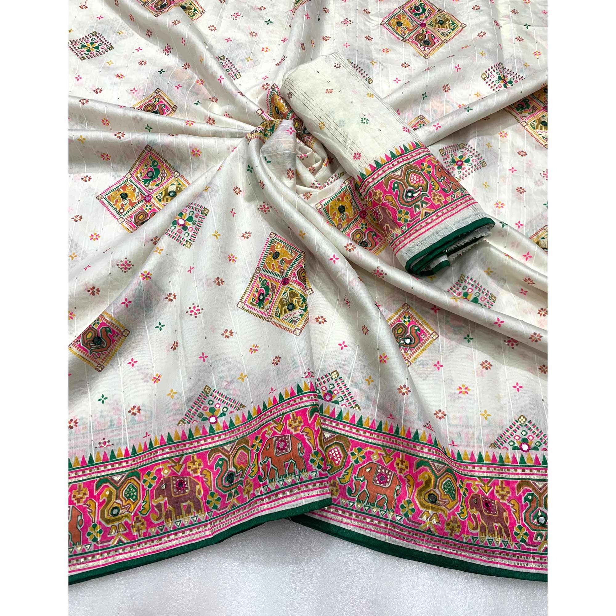 White Floral Printed Cotton Silk Patola Saree