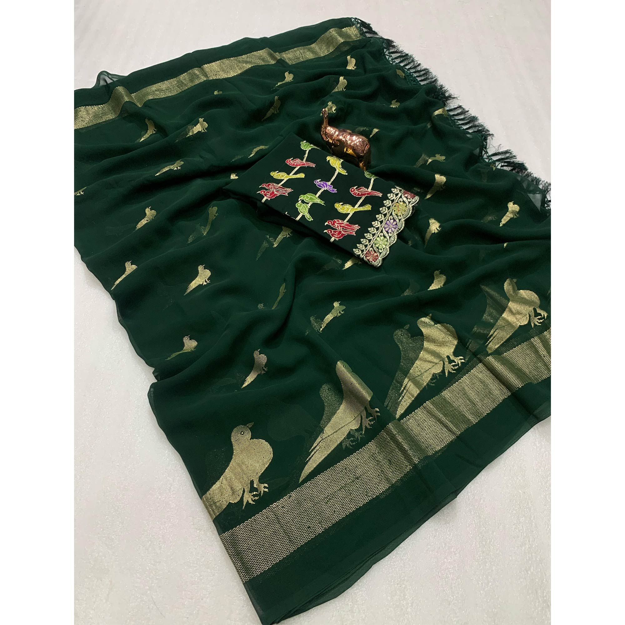 Green Georgette Saree Adorned With Elegant Bird Embroidery