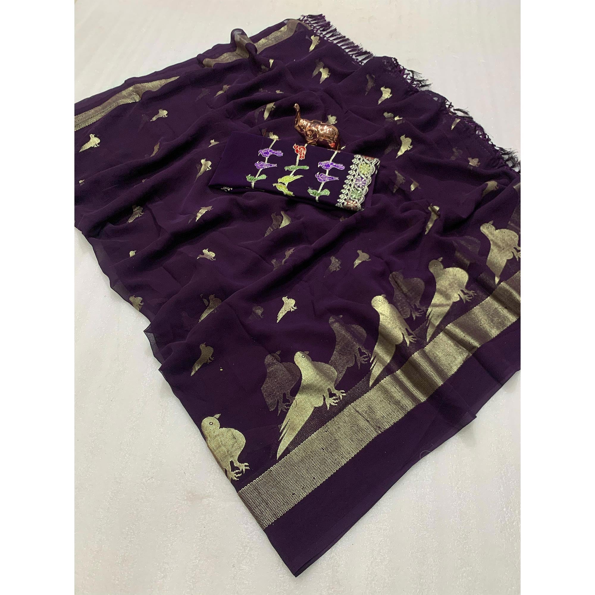 Purple Georgette Saree Adorned With Elegant Bird Embroidery