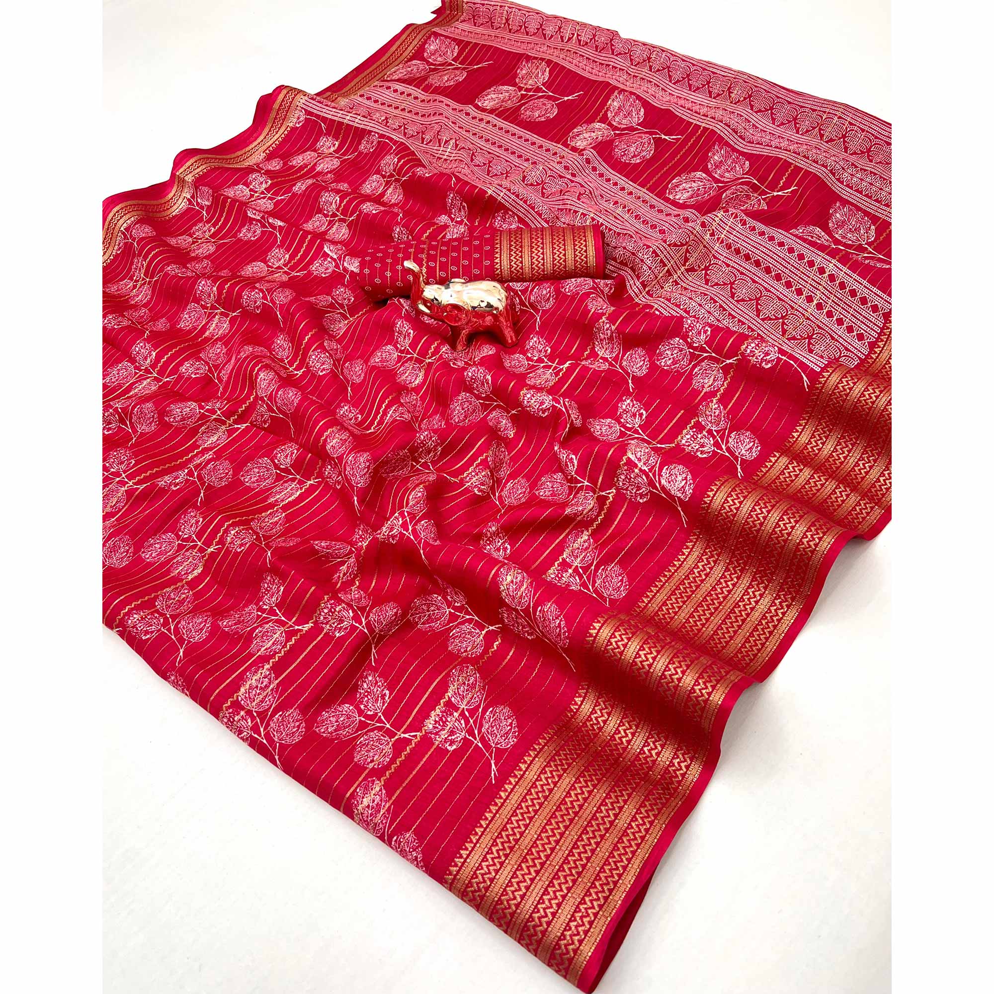 Elegant Cherry Red Floral & Striped Pattern Zari Weaving Dola Silk Saree