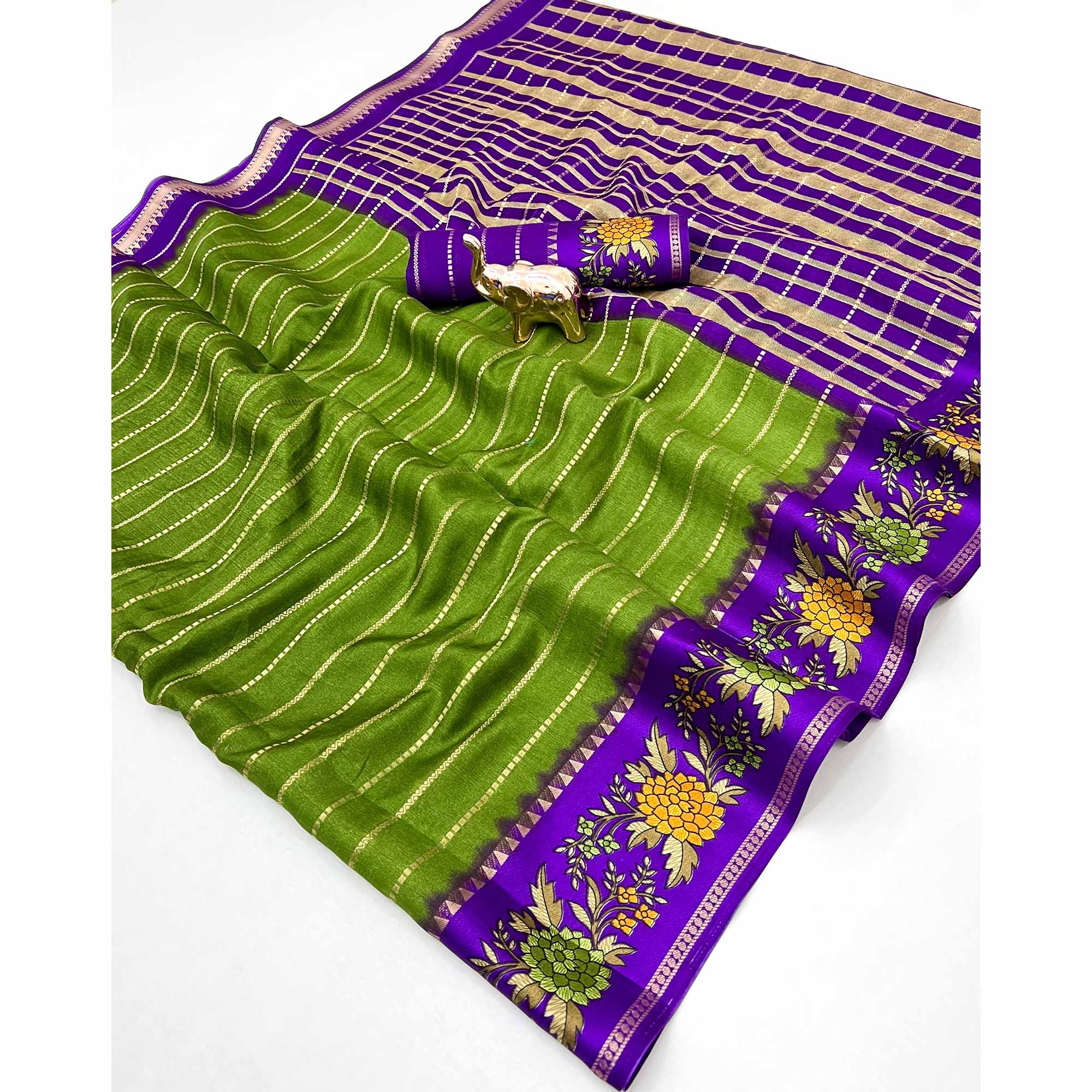 Elegant Green Floral & Striped Pattern Zari Weaving Dola Silk Saree