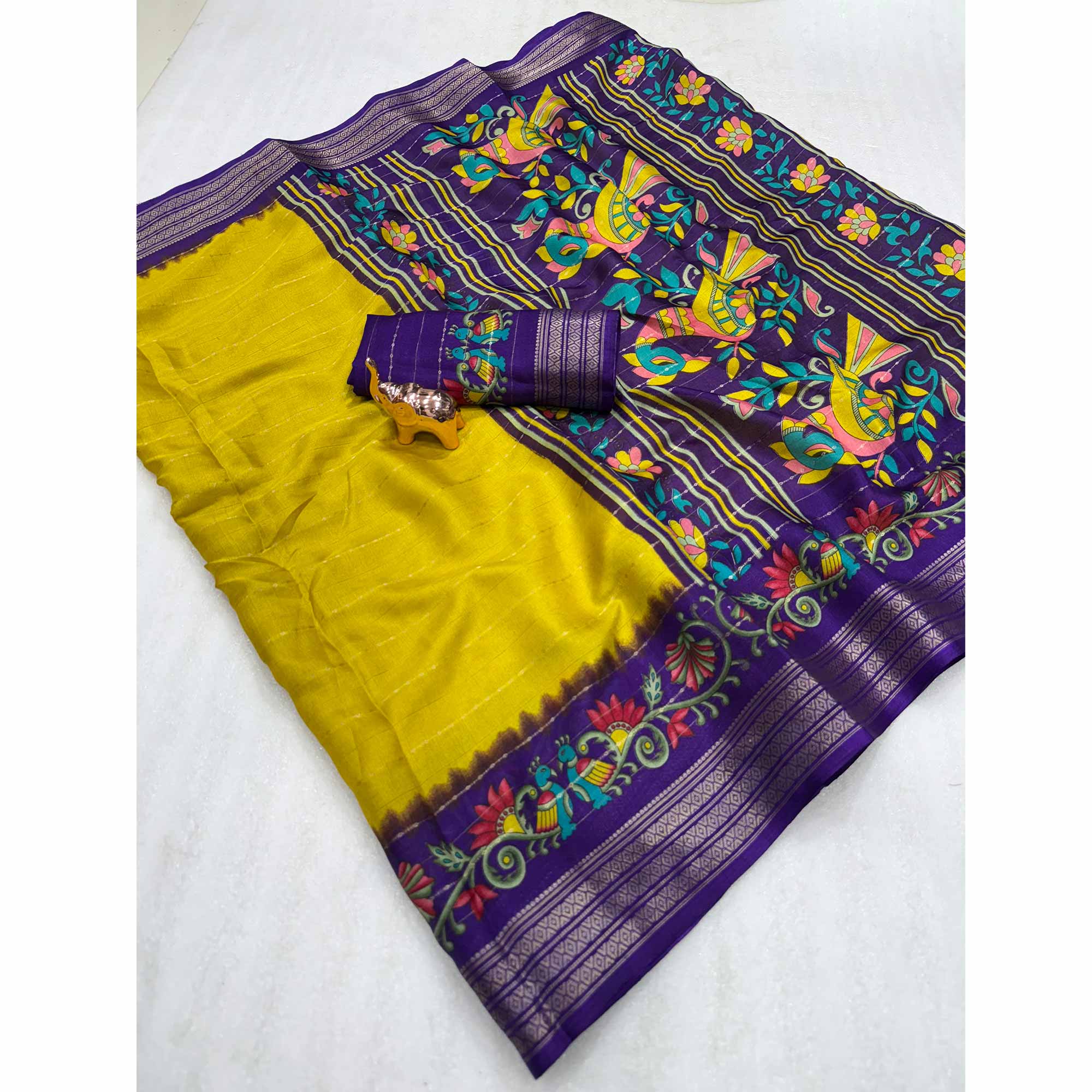 Elegant Lemon Yellow Floral & Striped Pattern Zari Weaving Dola Silk Saree