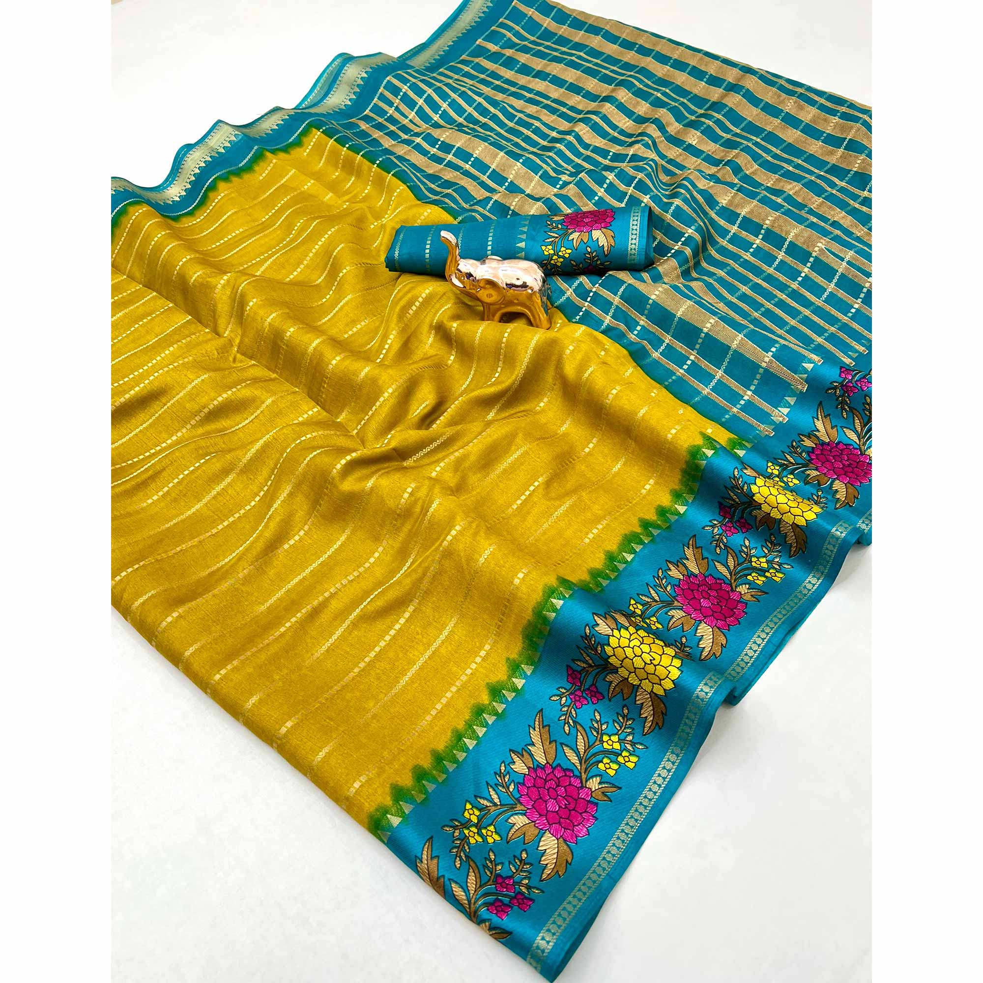 Elegant Mustard Floral & Striped Pattern Zari Weaving Dola Silk Saree