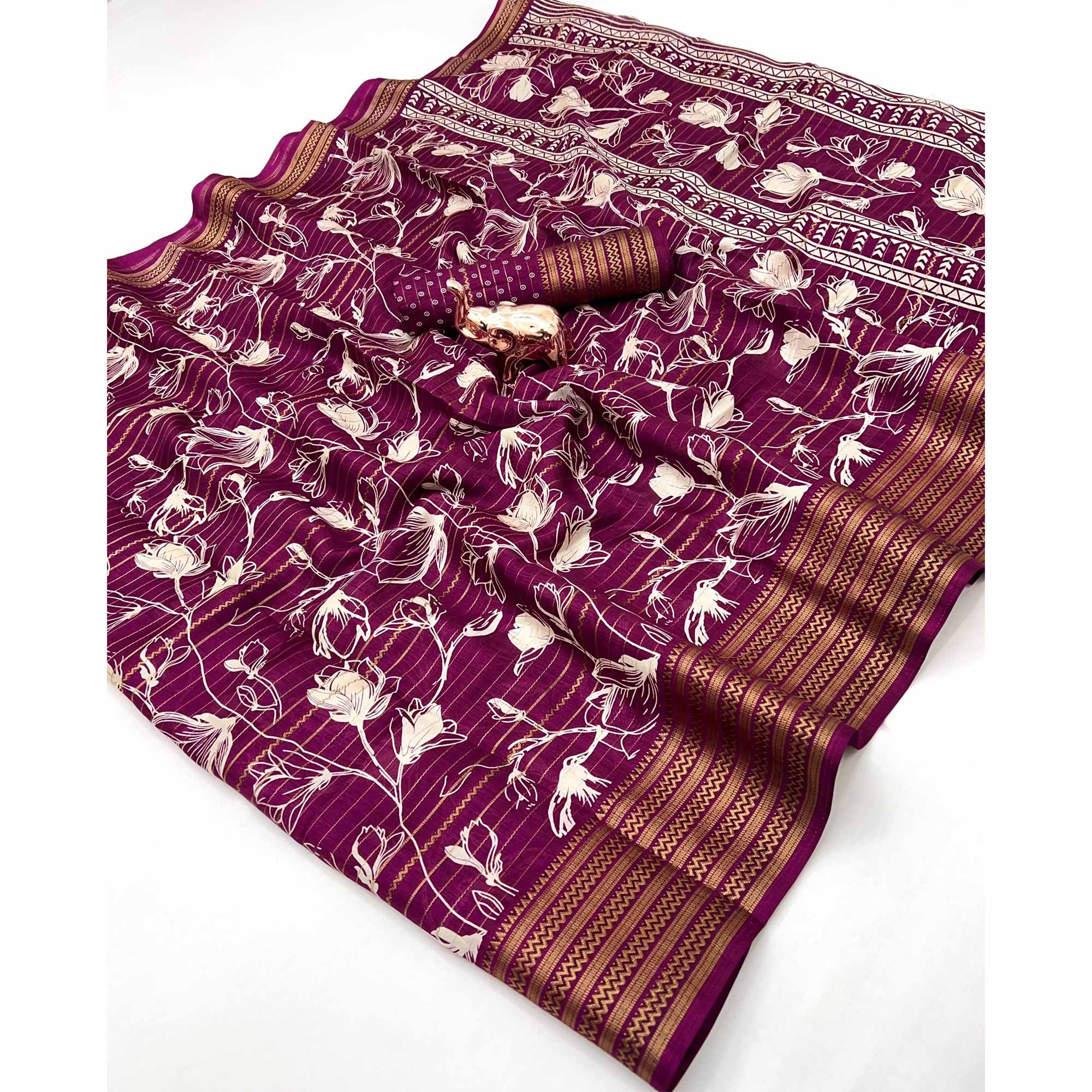 Elegant Wine Floral & Striped Pattern Zari Weaving Dola Silk Saree