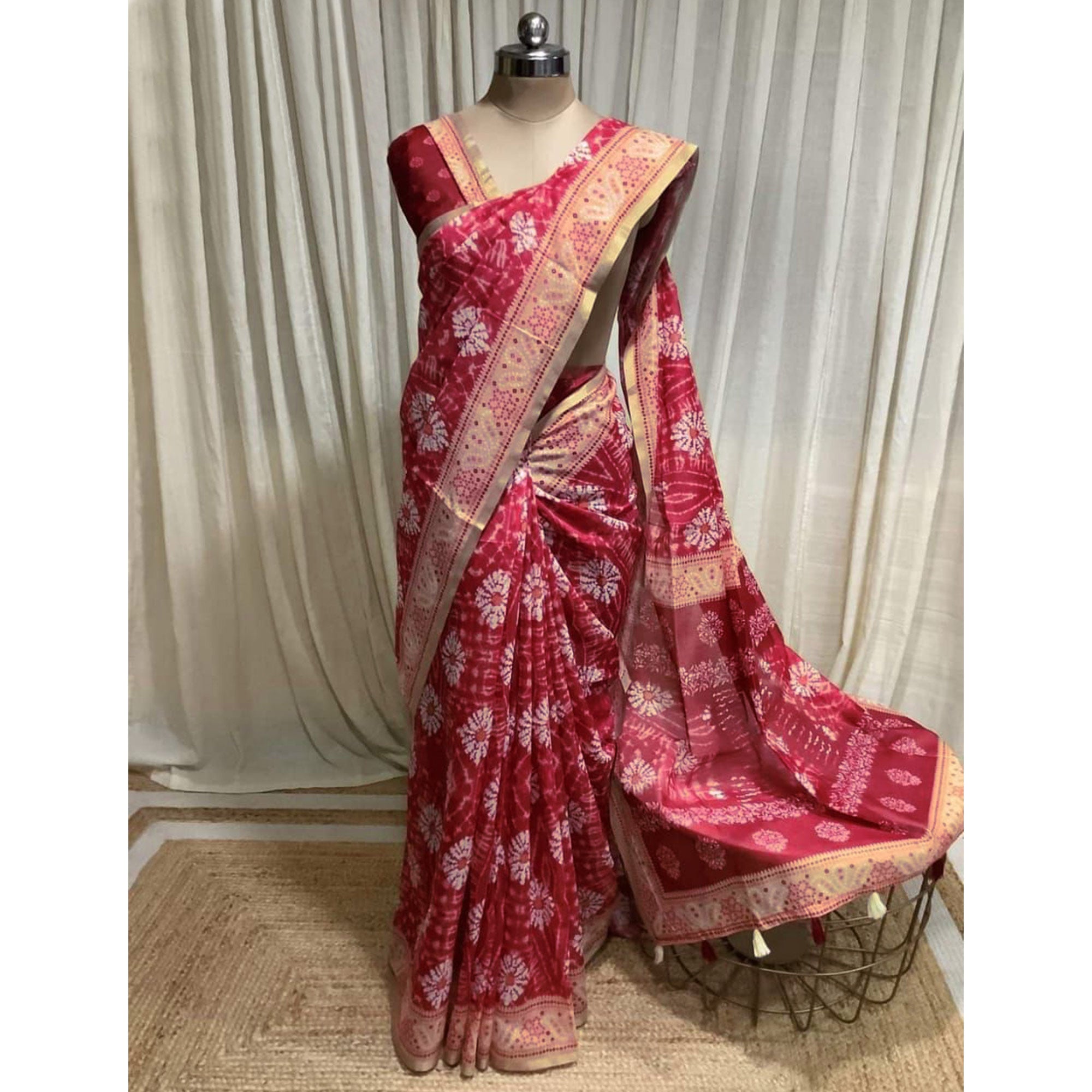 Red Kalamkari Floral Printed Chanderi Saree