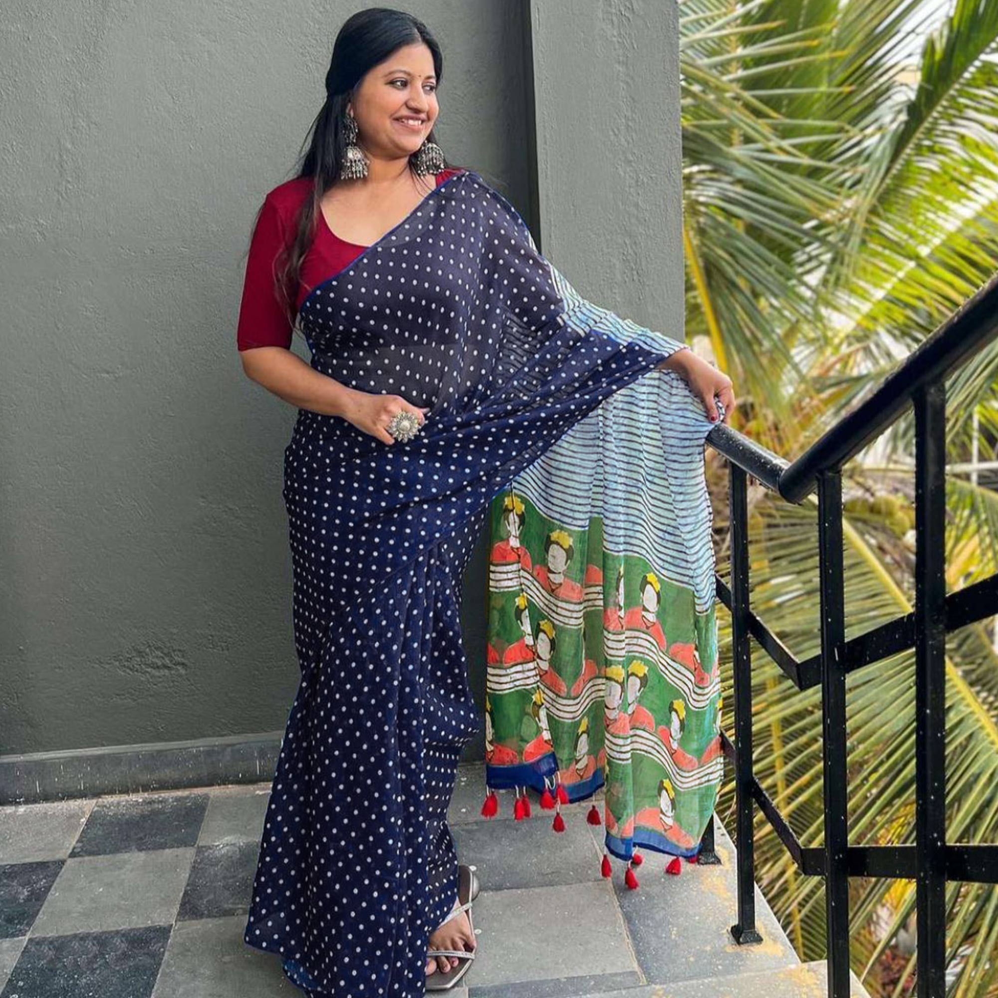 Blue Kalamari Printed Chanderi Saree