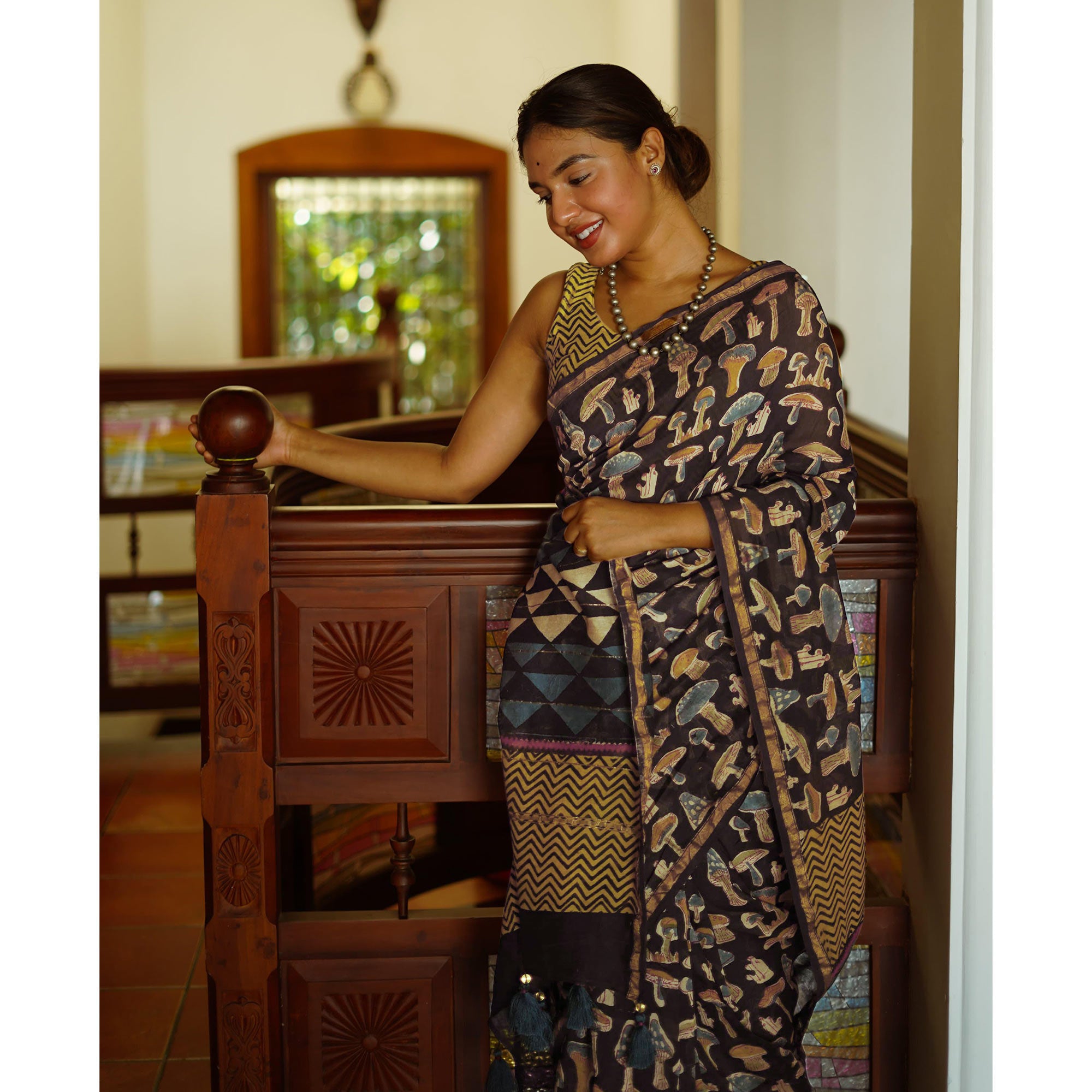 Dark Brown Kalamari Printed Chanderi Saree