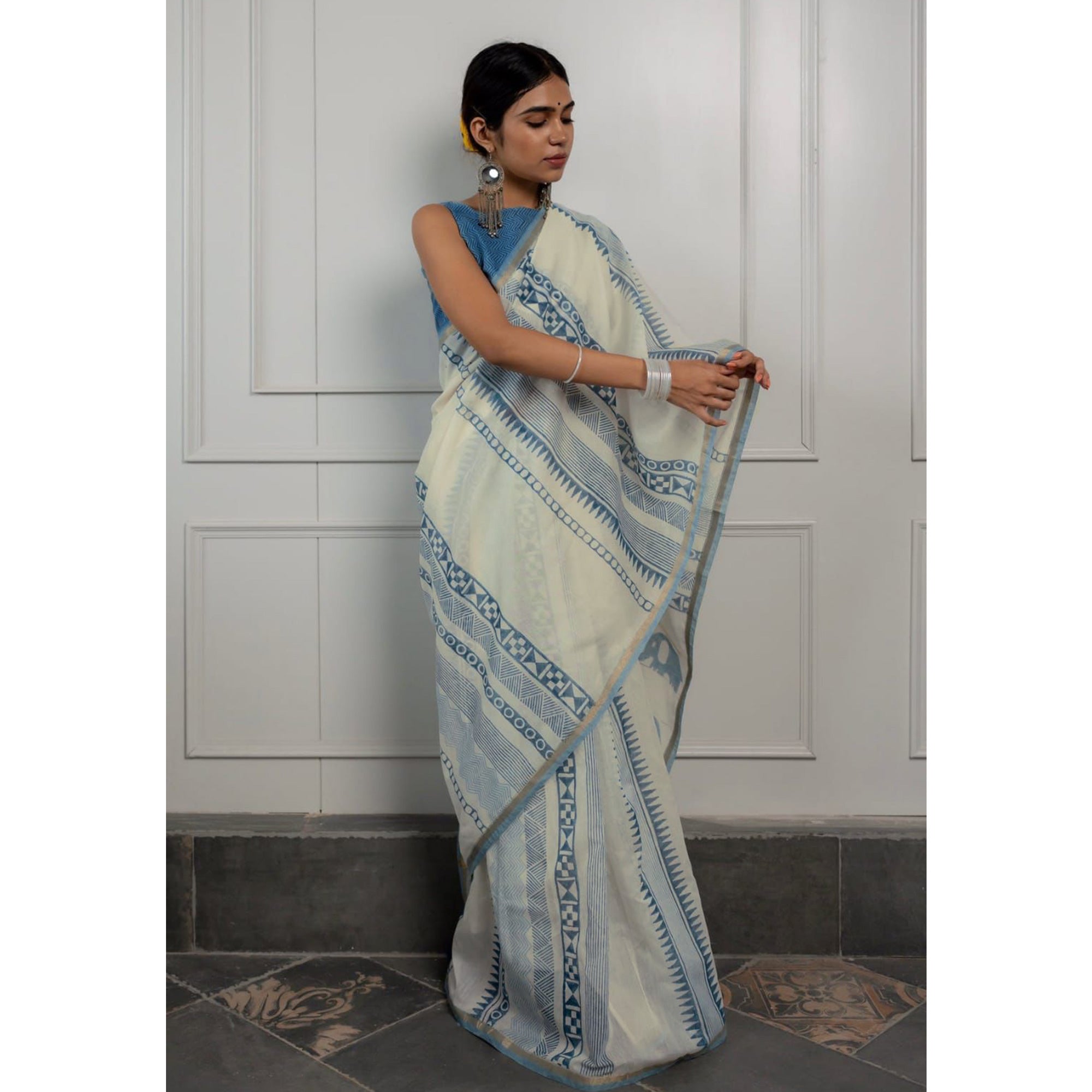 Off White Kalamari Printed Chanderi Saree