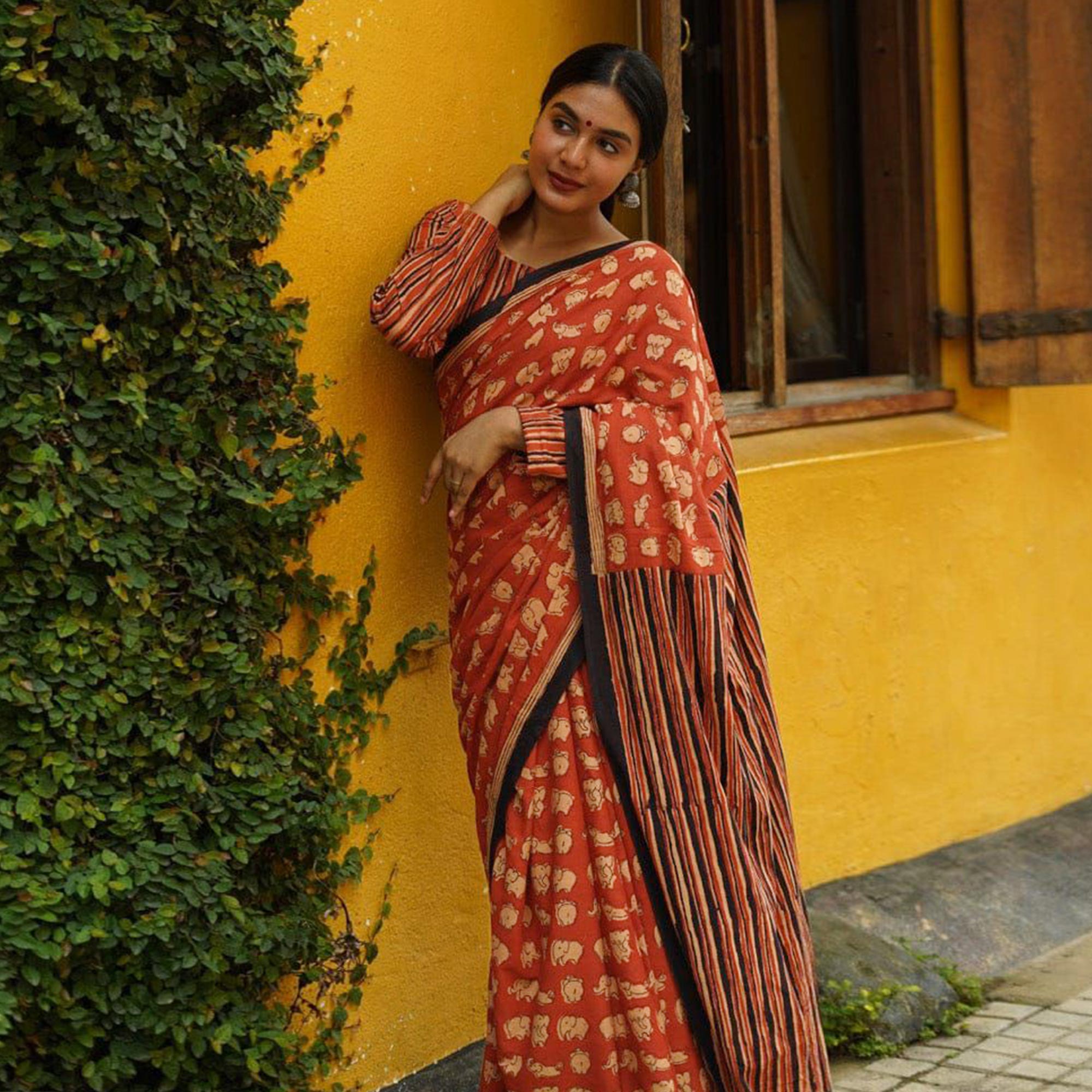 Rust Kalamari Printed Chanderi Saree