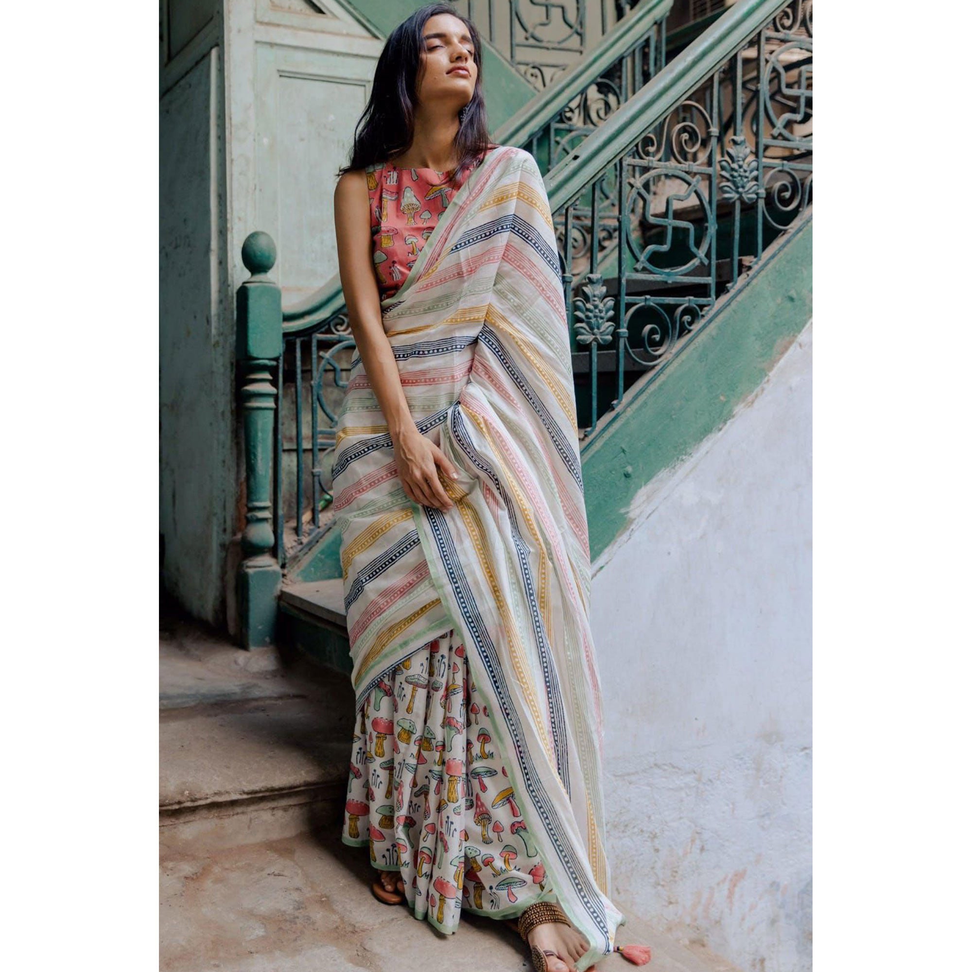 White Kalamari Printed Chanderi Saree