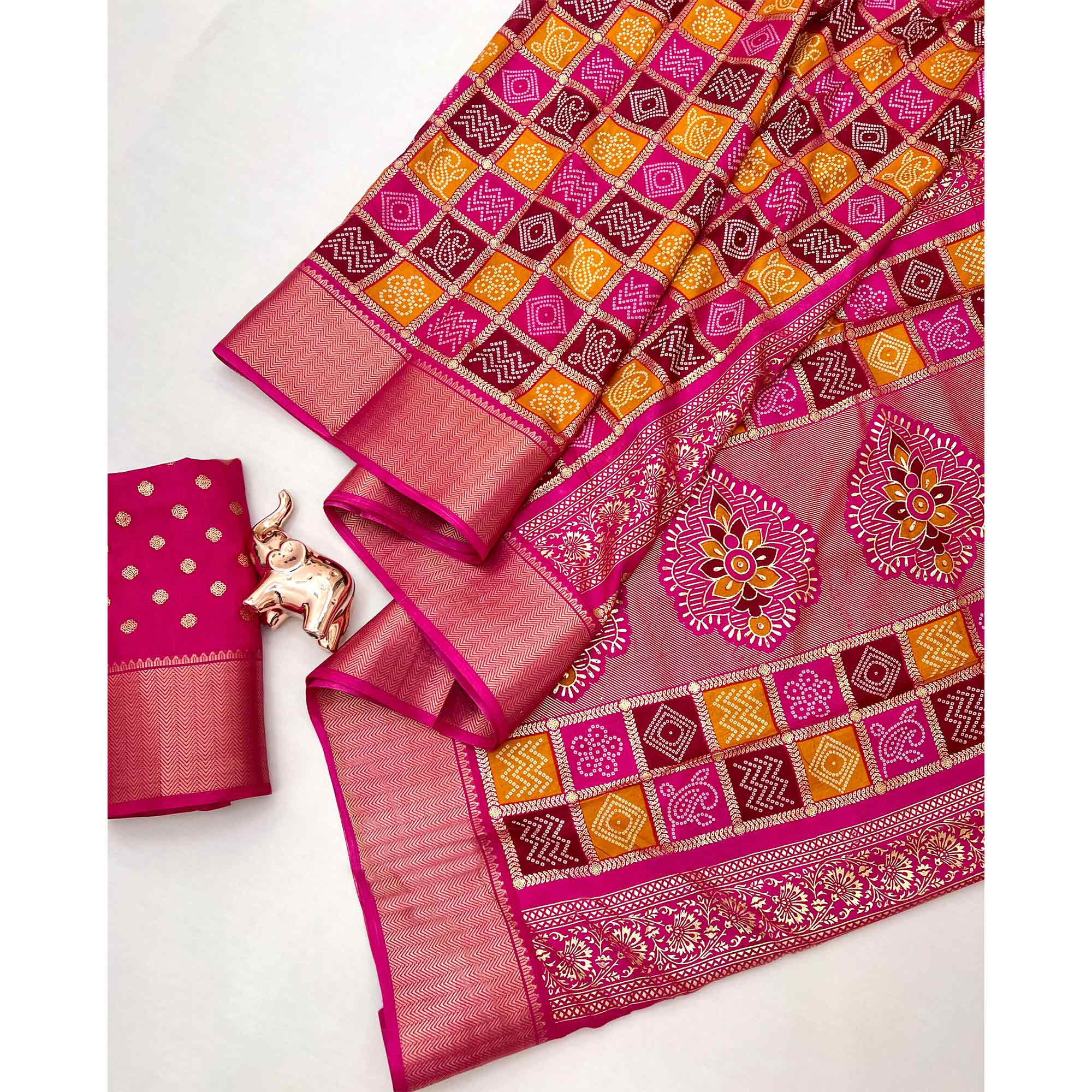 Rani Pink Traditional Bandhani Foil Print Dola Silk Saree With Designer Jacquard Border