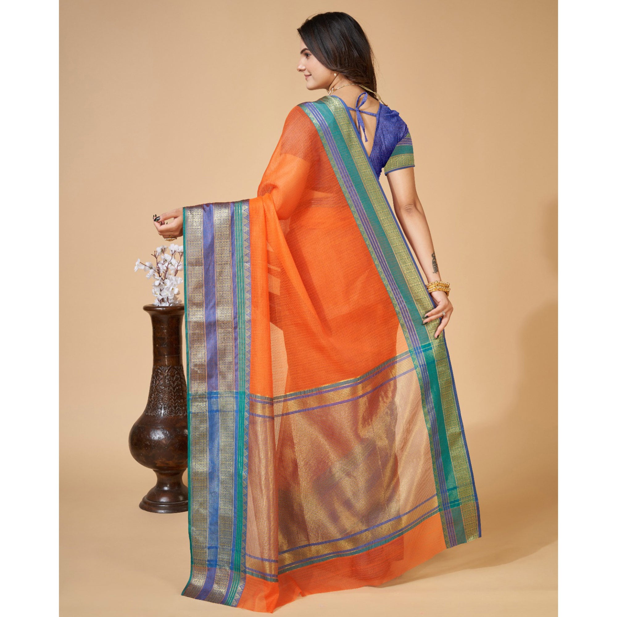 Orange Woven Kota Doria Saree