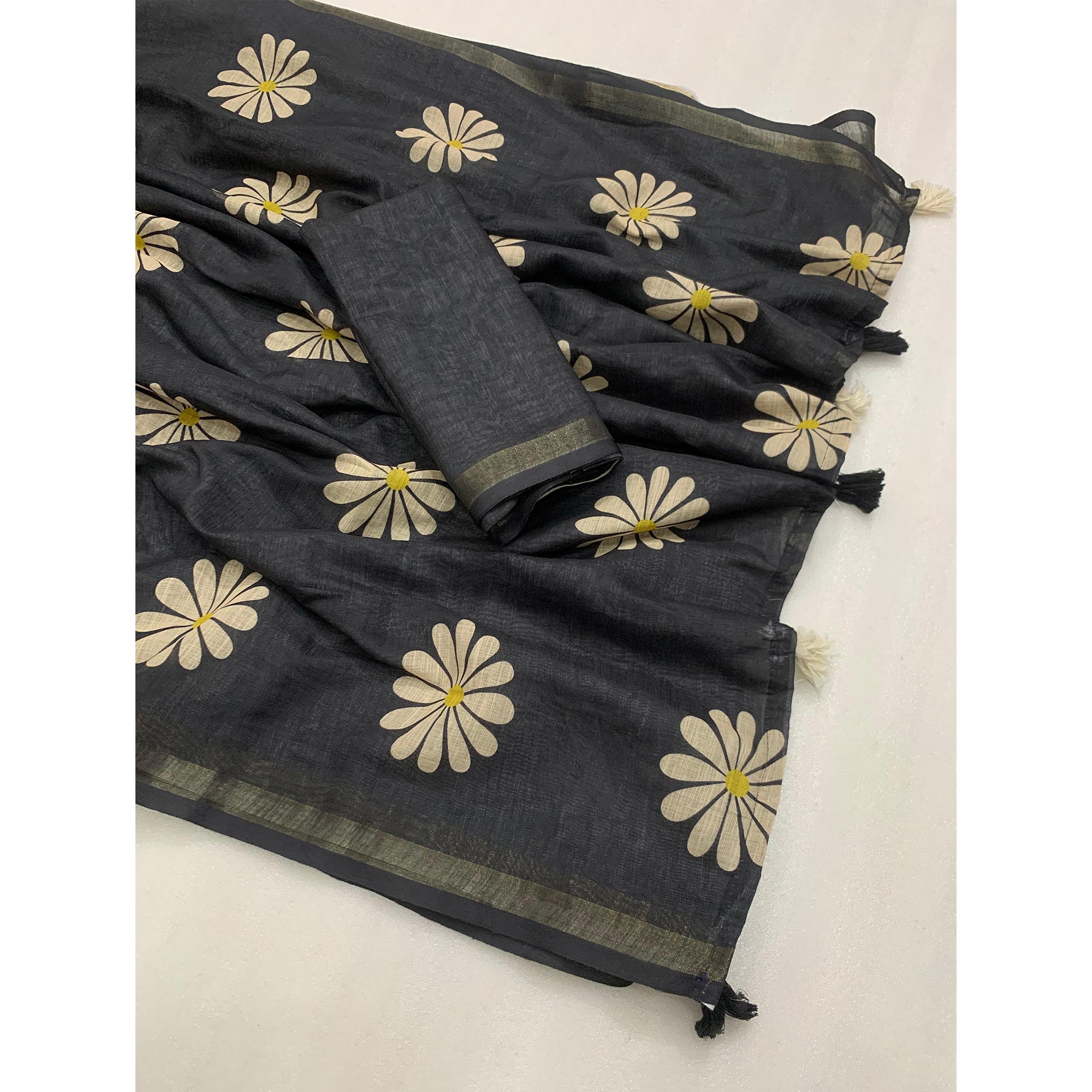 Black Floral Printed Linen Silk Saree With Tassels