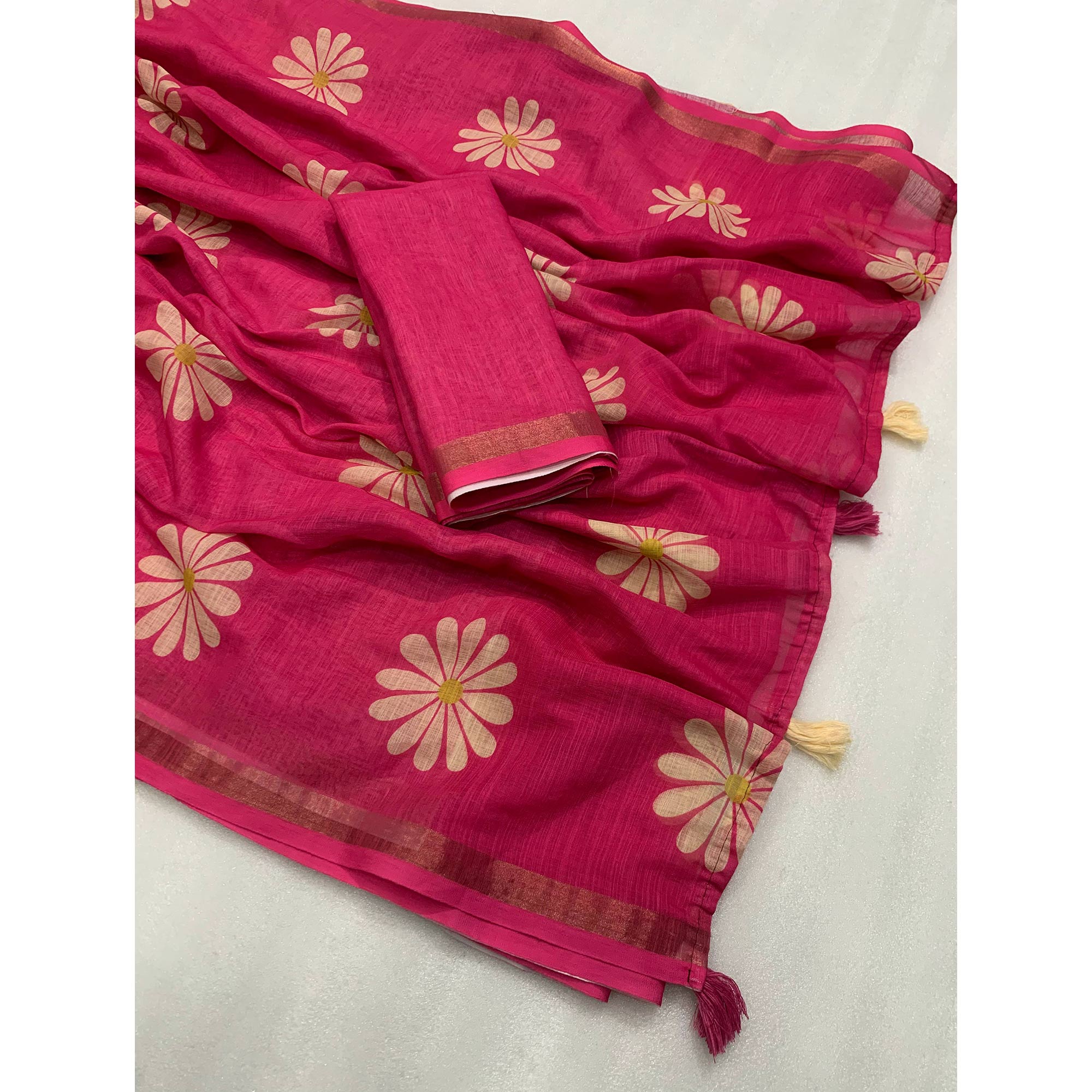 Pink Floral Printed Linen Silk Saree With Tassels