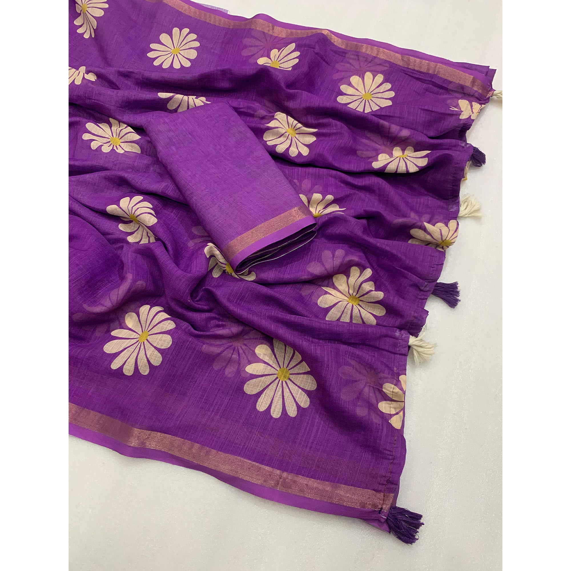 Purple Floral Printed Linen Silk Saree With Tassels