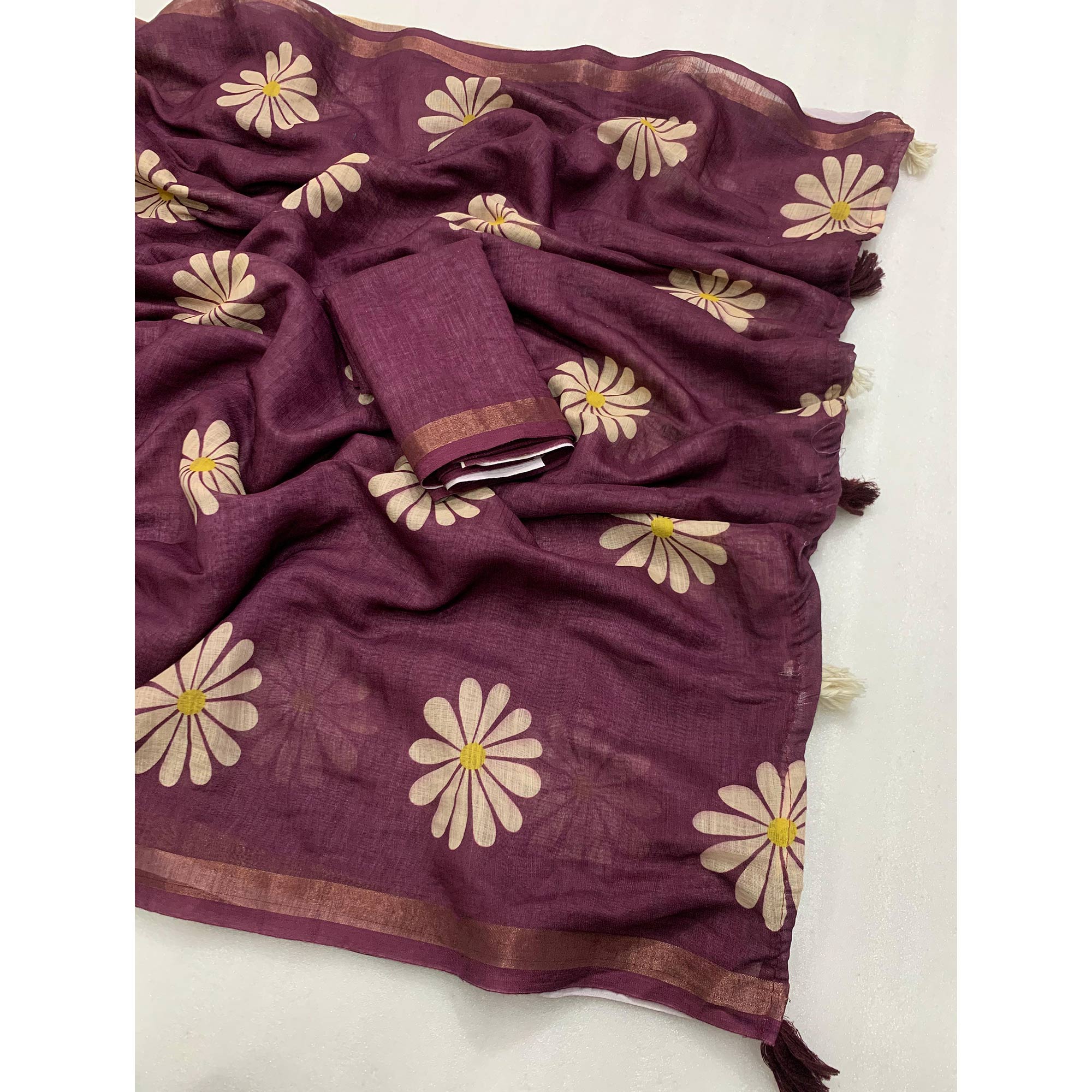 Wine Floral Printed Linen Silk Saree With Tassels