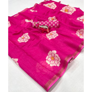Graceful Rani Pink Floral Printed Saree in Linen Silk with Delicate Tassel Accents